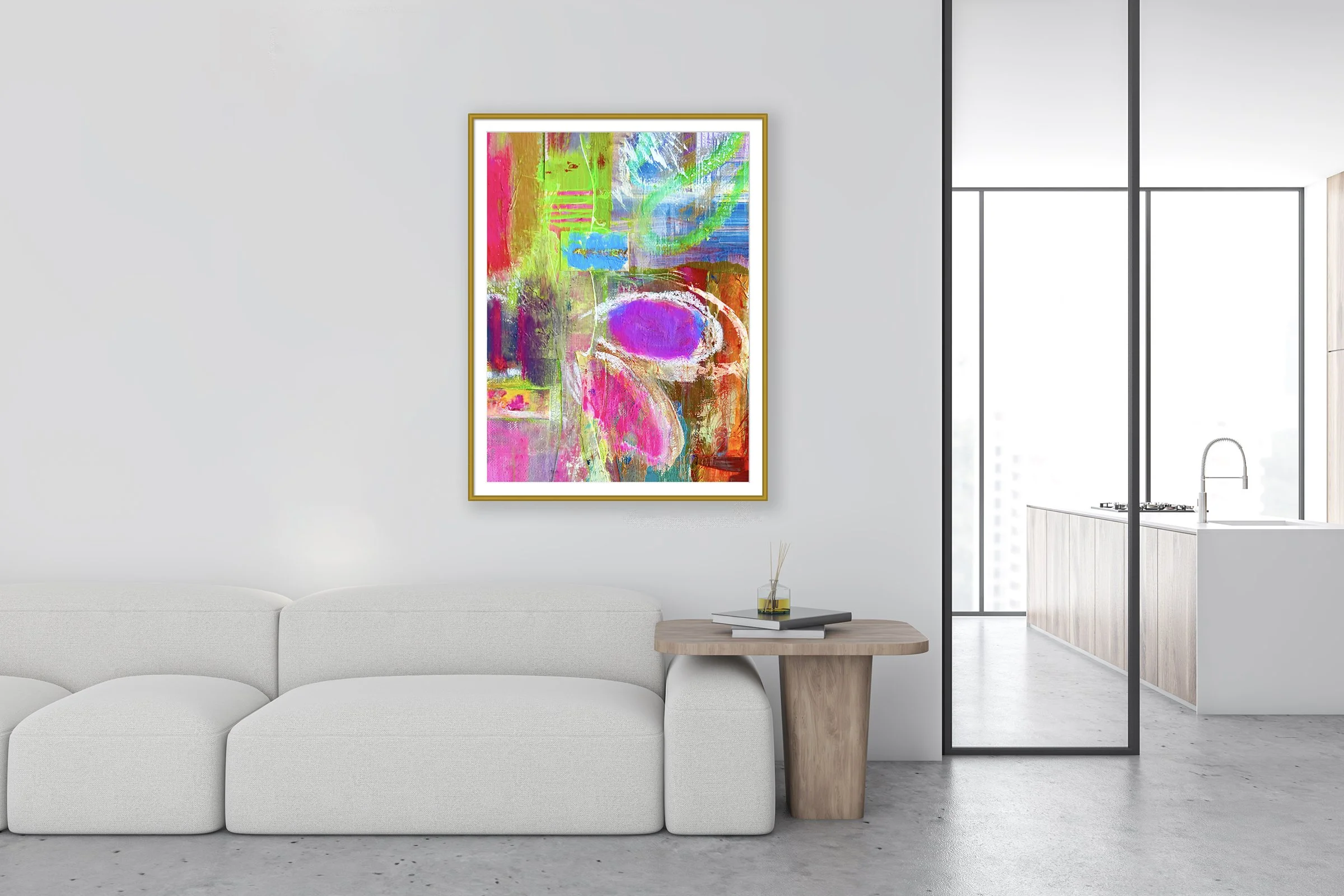 Gloria.18”x24” painting print, matted & framed, in scene. Ceil Diskin, 2025.