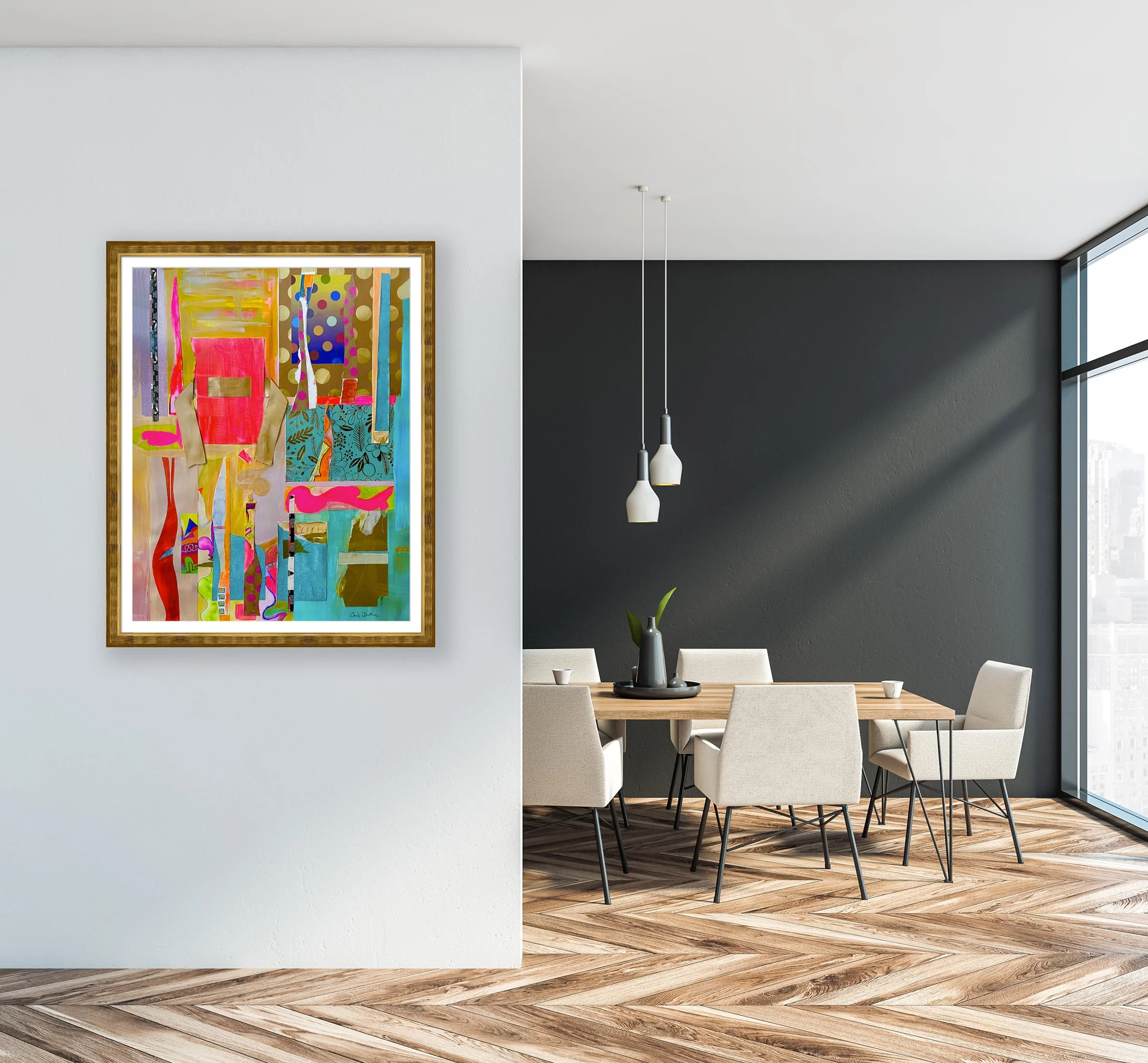 Daisy & Billy. 22x28 collage print, matted & framed, in scene. Ceil Diskin-2023.