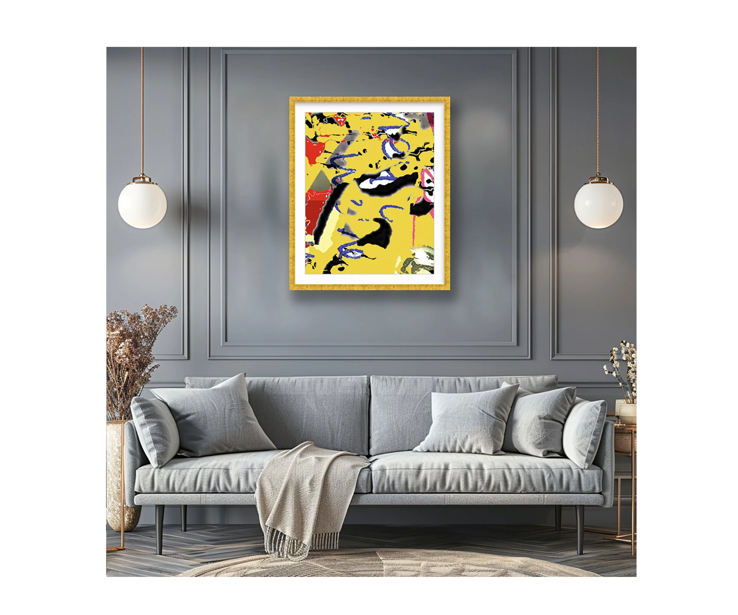 Summer, yellow glazed frame in elegant grey living room, by Ceil Diskin