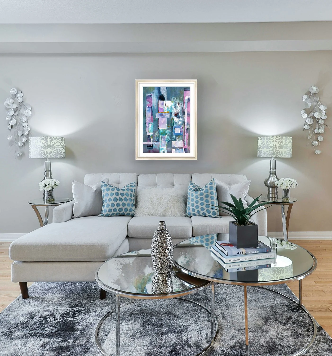 Golden Stretch of a Day. 10x14 collage print, matted & framed, in scene. Ceil Diskin-2025.