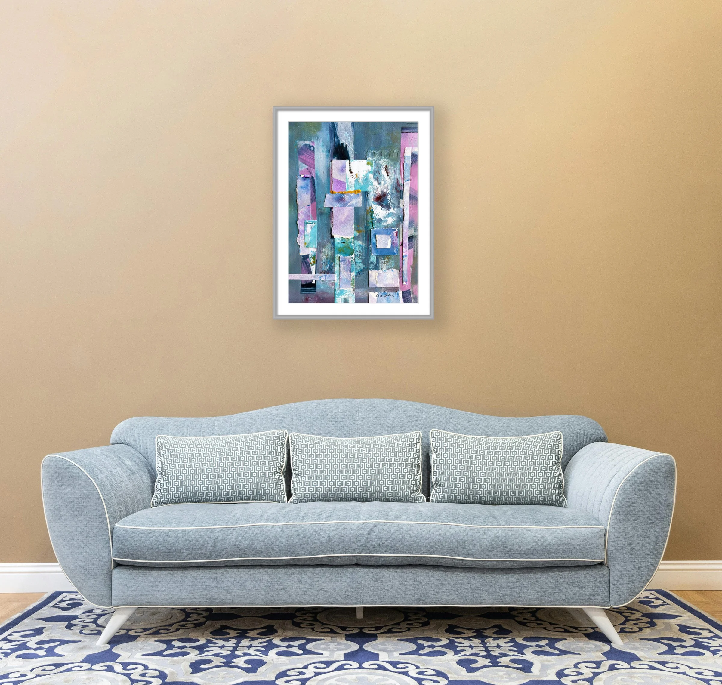 Golden Stretch of a Day. 10x14 collage print, matted & framed, in scene. Ceil Diskin-2025.