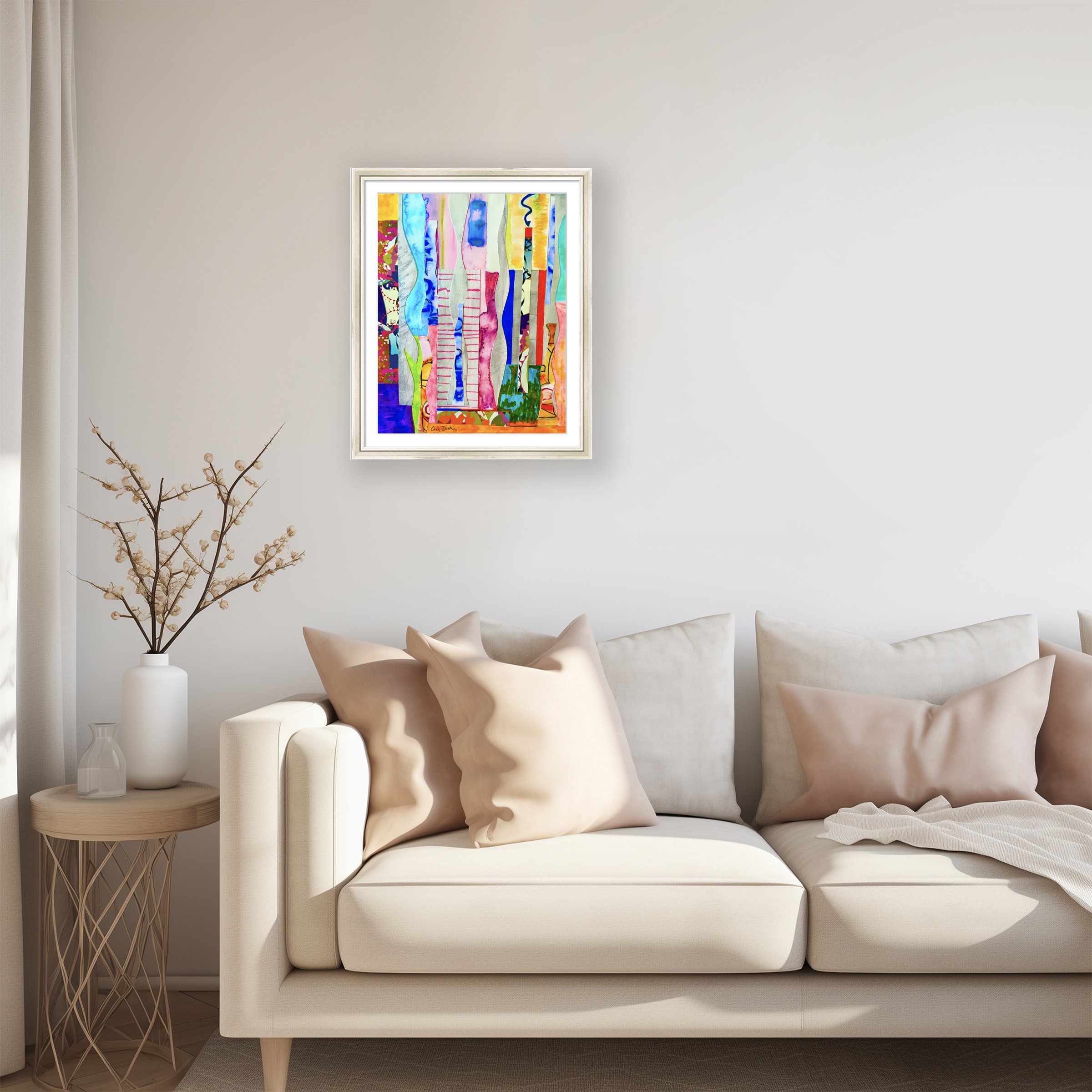 Restless, Mixed Media Collage, matted and framed, in scene, by Ceil Diskin