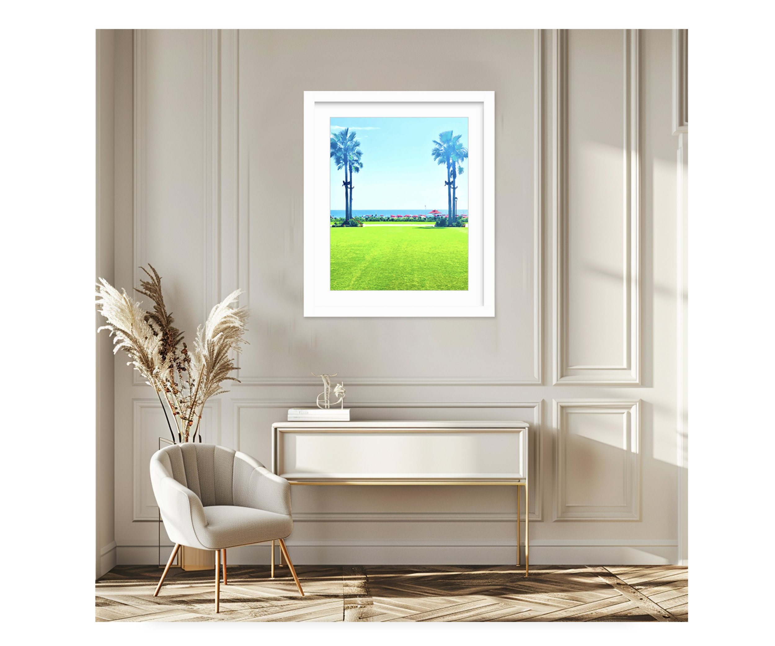 Twin Palm, in beige foyer, by Ceil Diskin
