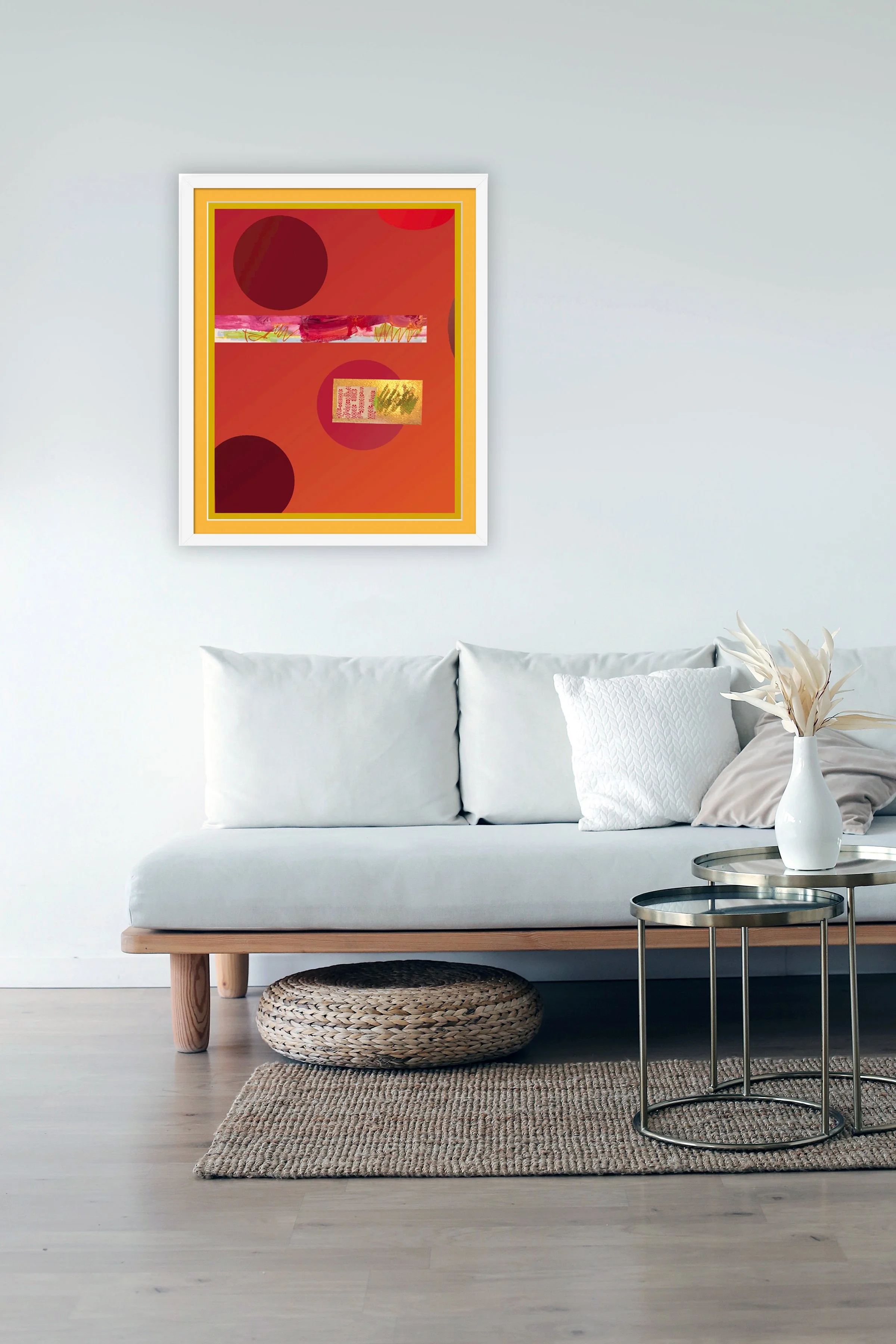 3 Dots.16”x20” digital art print matted & framed, in scene. Ceil Diskin, 2026.