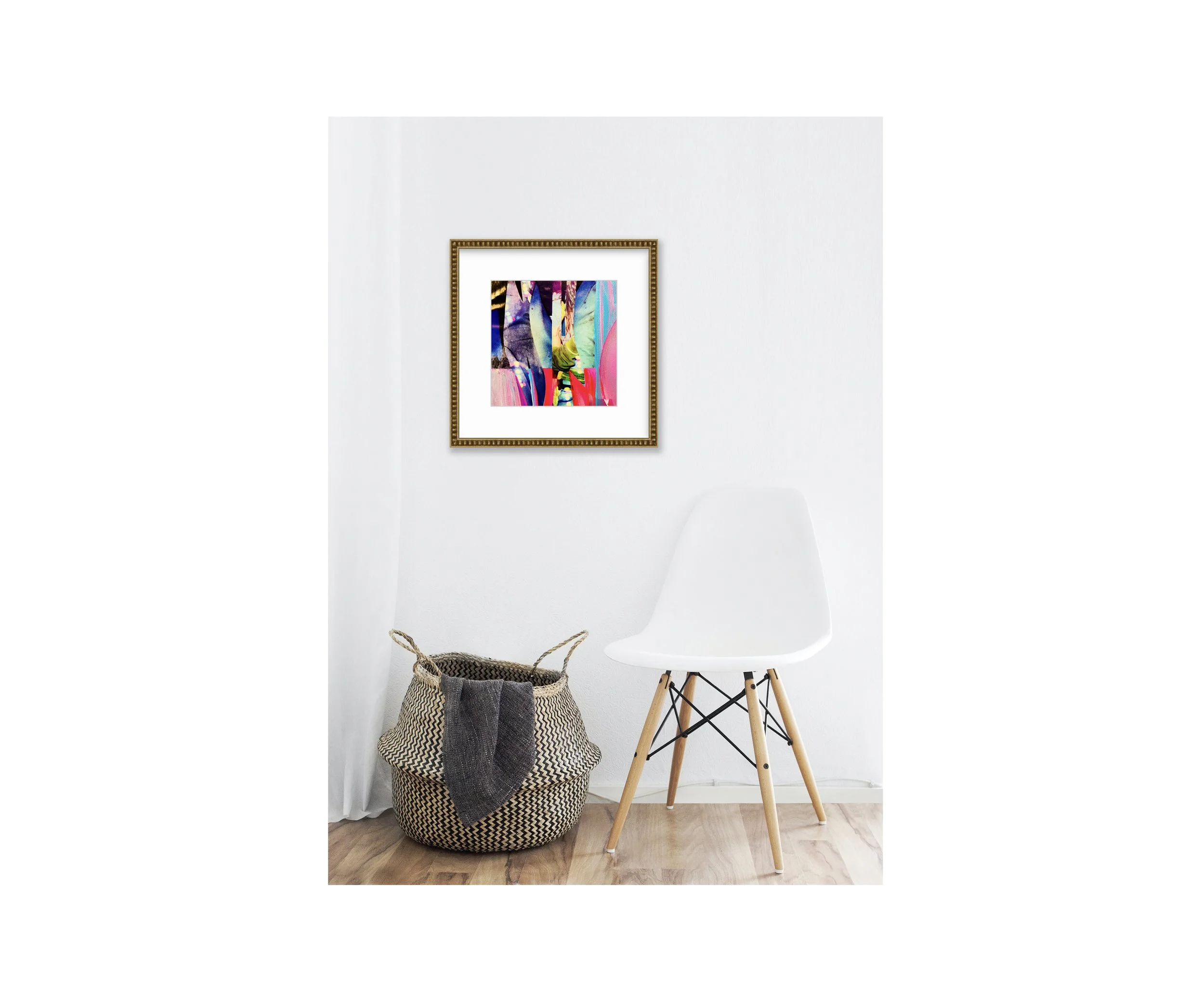 Run A Red Light, collage print, in gold bead frame with white chair, by Ceil Diskin