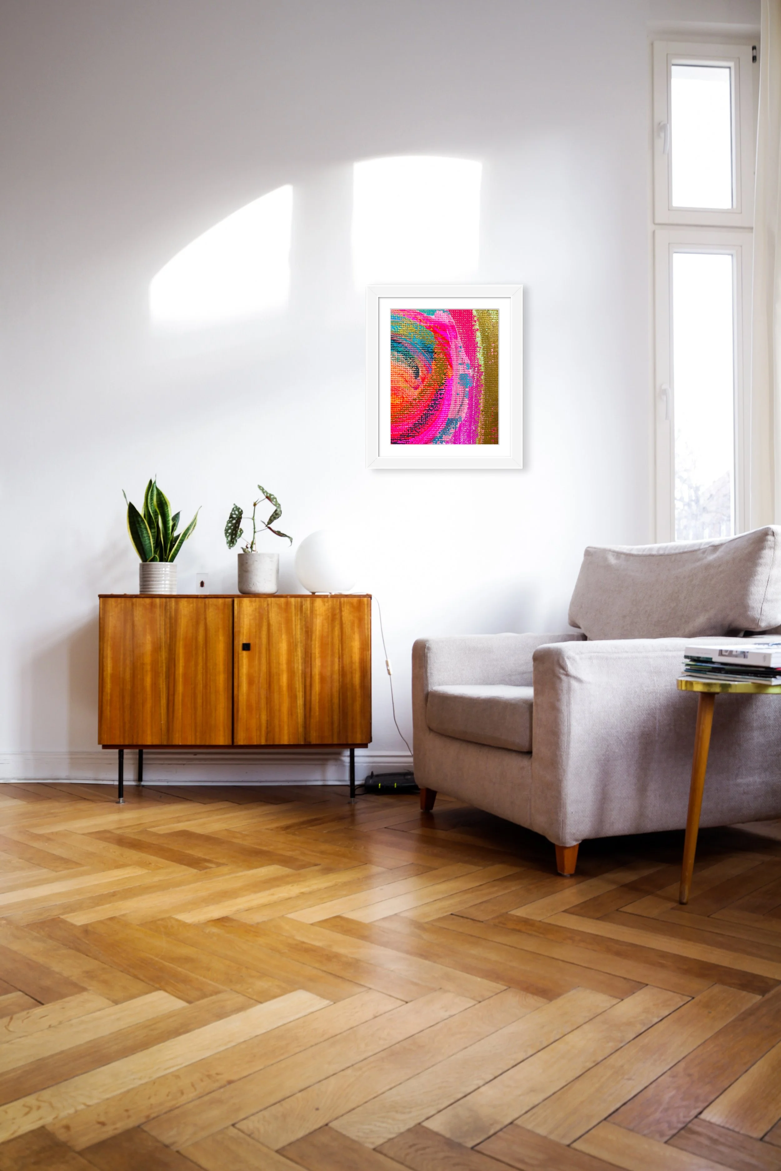 Here We Go 8x10 painting print, matted & framed, in scene. Ceil Diskin-2024.