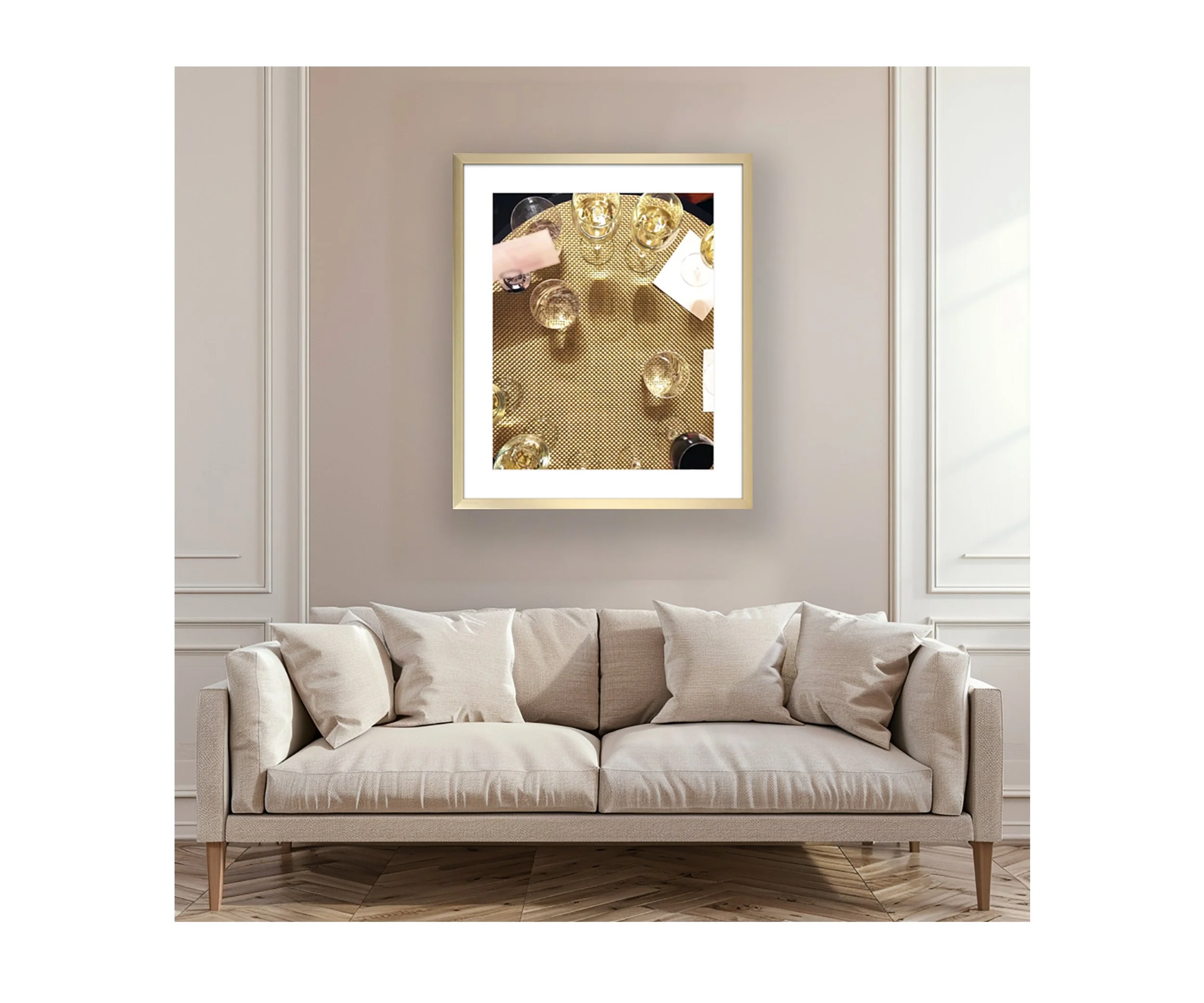 Glam Fleet, over pink sofa, by Ceil Diskin
