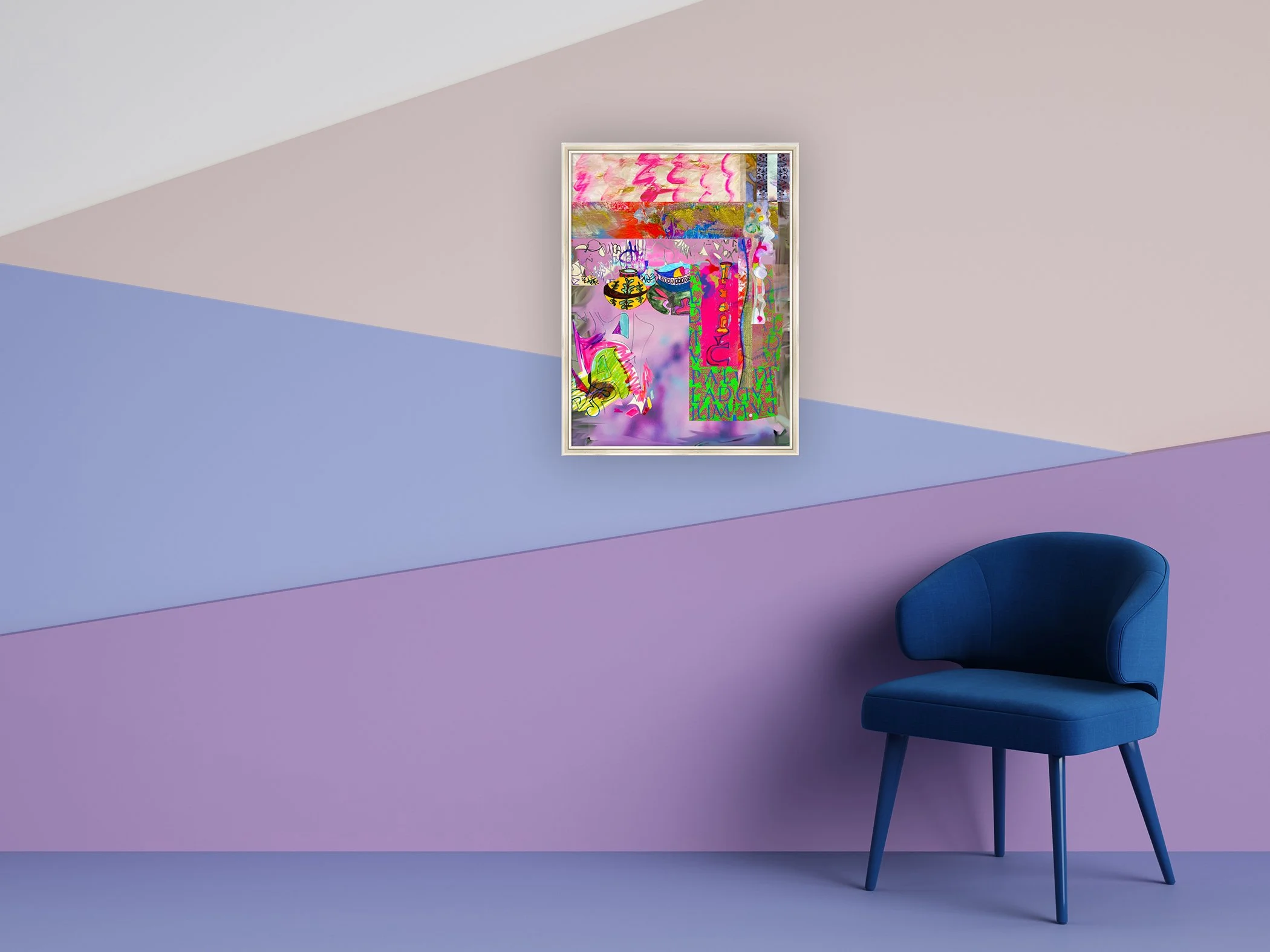 10th Ave. 18’x24” digital collage print matted & framed, in scene. Ceil Diskin, 2026.