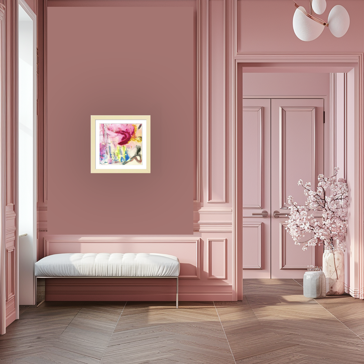 Hooked. 9x9 painting print, matted & framed, in scene. Ceil Diskin-2018.