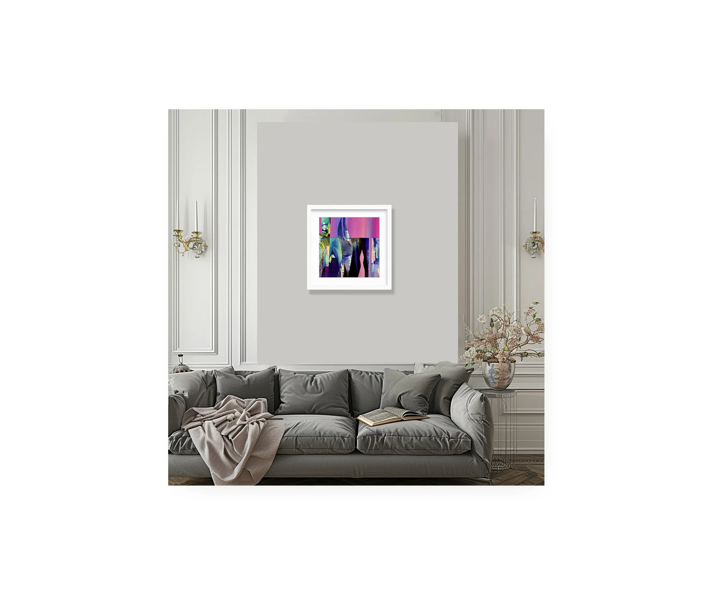 Blue Runway, in white frame over sofa, by Ceil Diskin