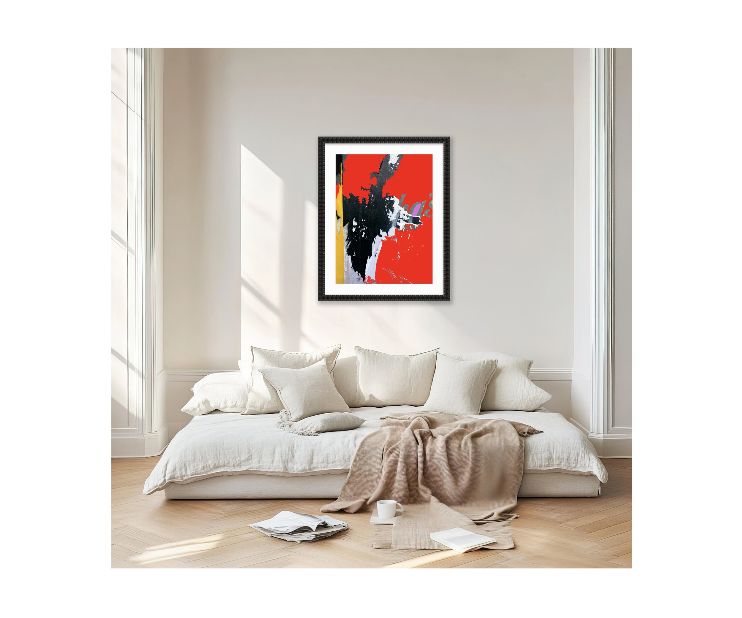 has' Shop, black frame in modern living room, by Ceil Diskin