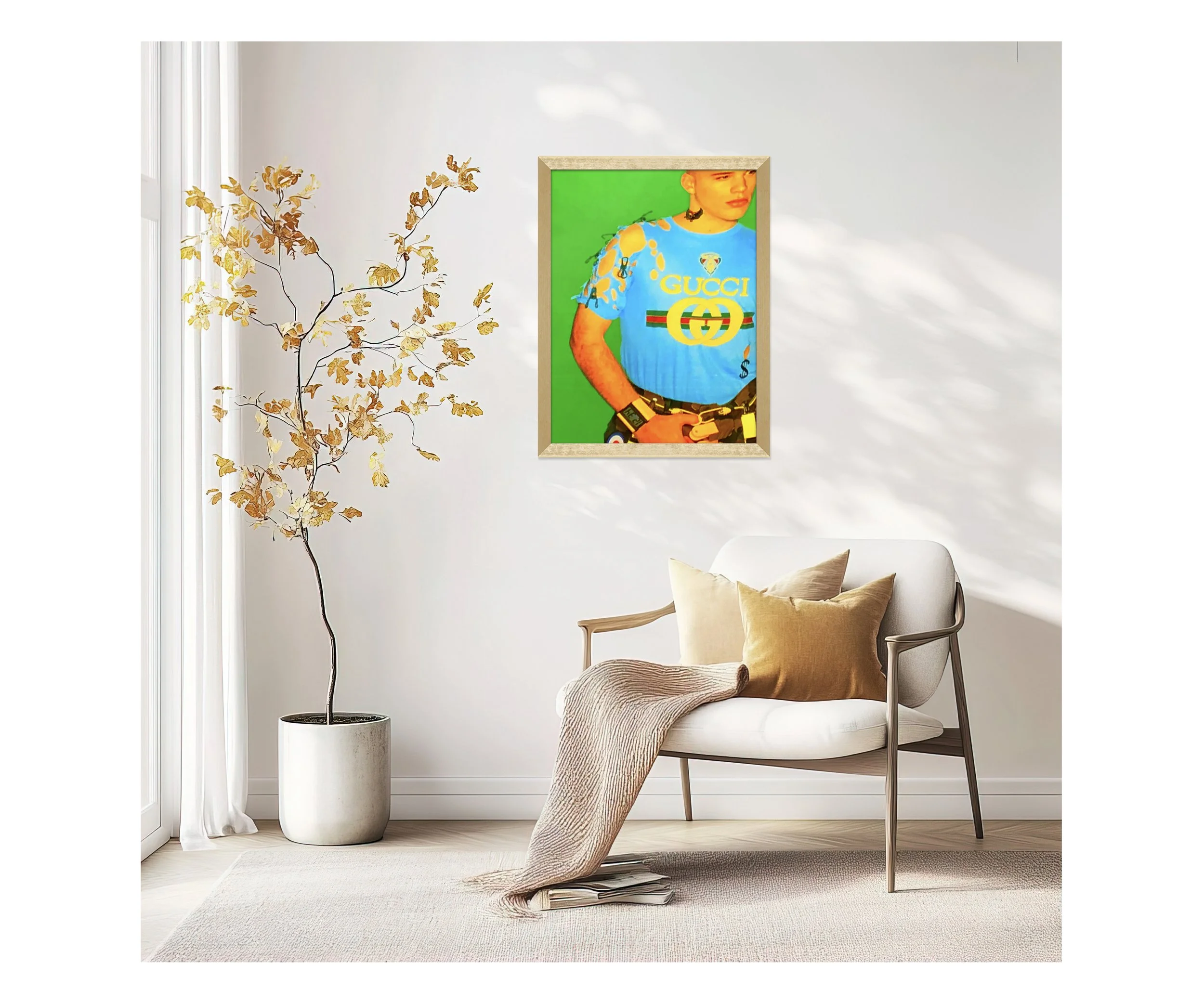 Gucci Boy, with beige chair, Ceil Diskin