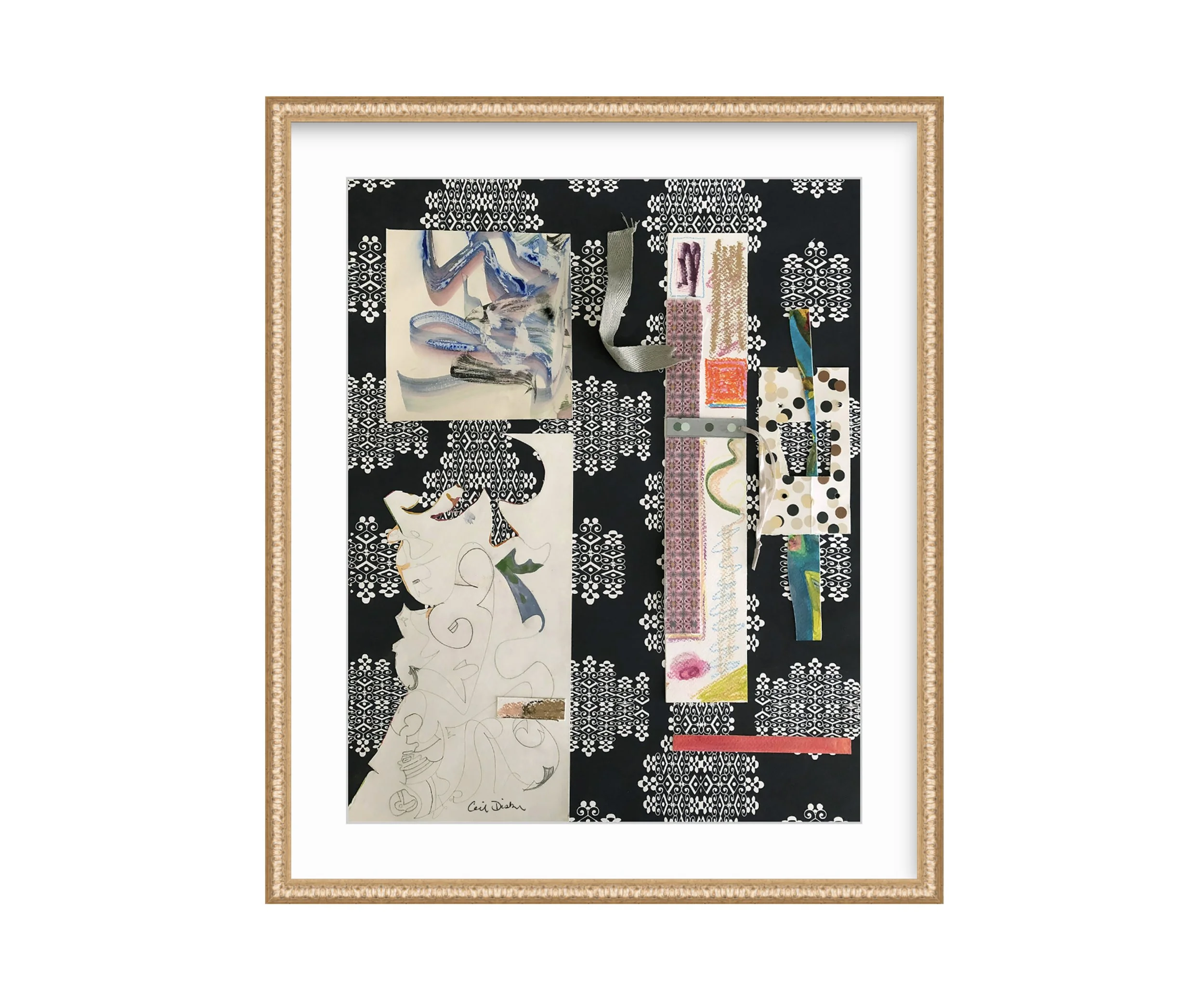 Cake, Mixed Media Collage Print, in wavy gold frame, by Ceil Diskin