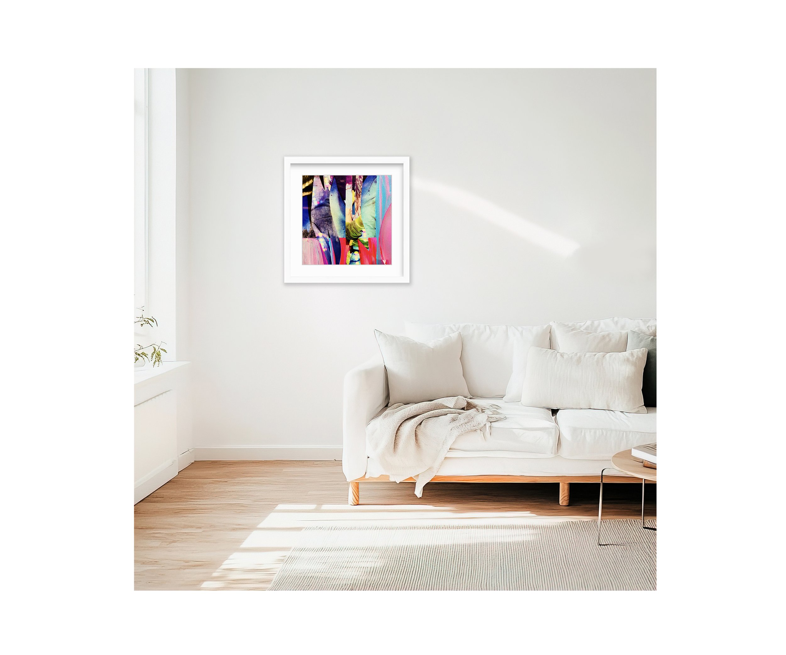 Run A Red Light, collage print, in white frame in modern living room, by Ceil Diskin