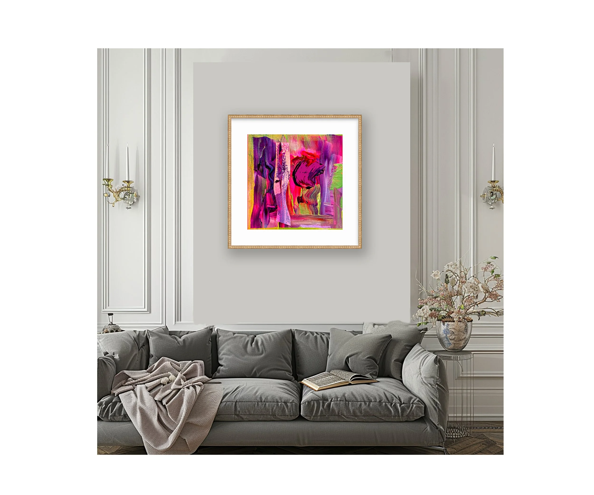 Calling, I Feel Love Series, over elegant grey sofa, by Ceil Diskin