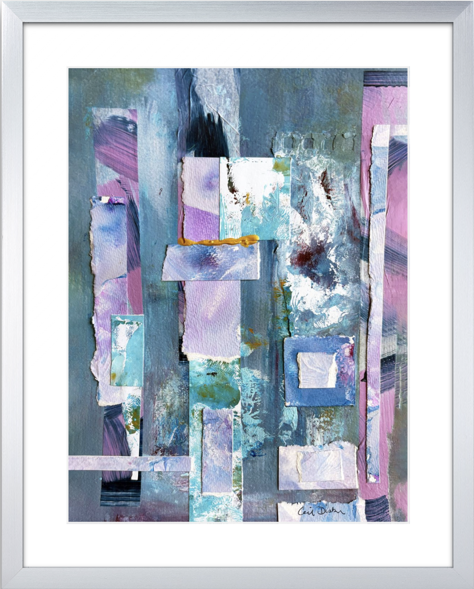 Golden Stretch of a Day, mixed media collage in silver frame, by Ceil Diskin