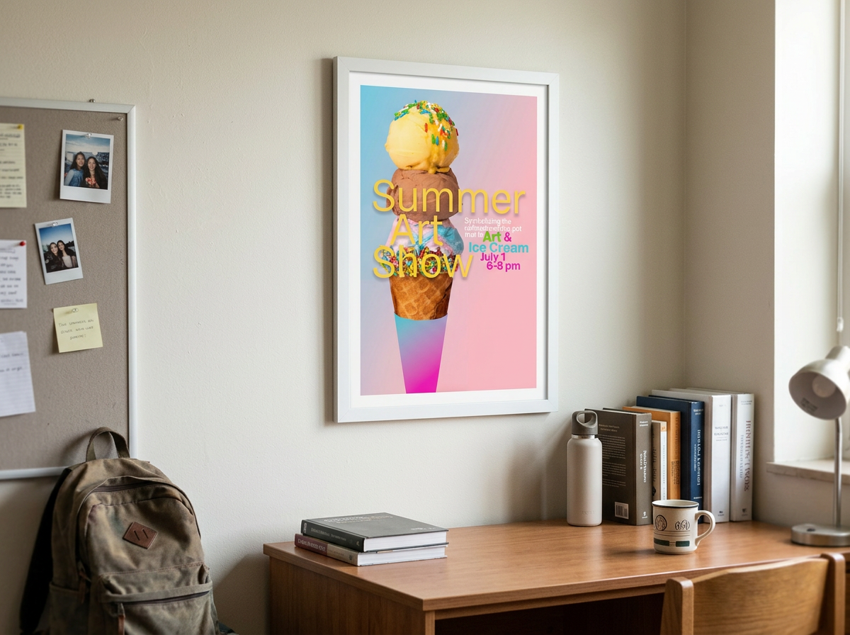 Summer Art Show Poster matted and framed in Dorm Room