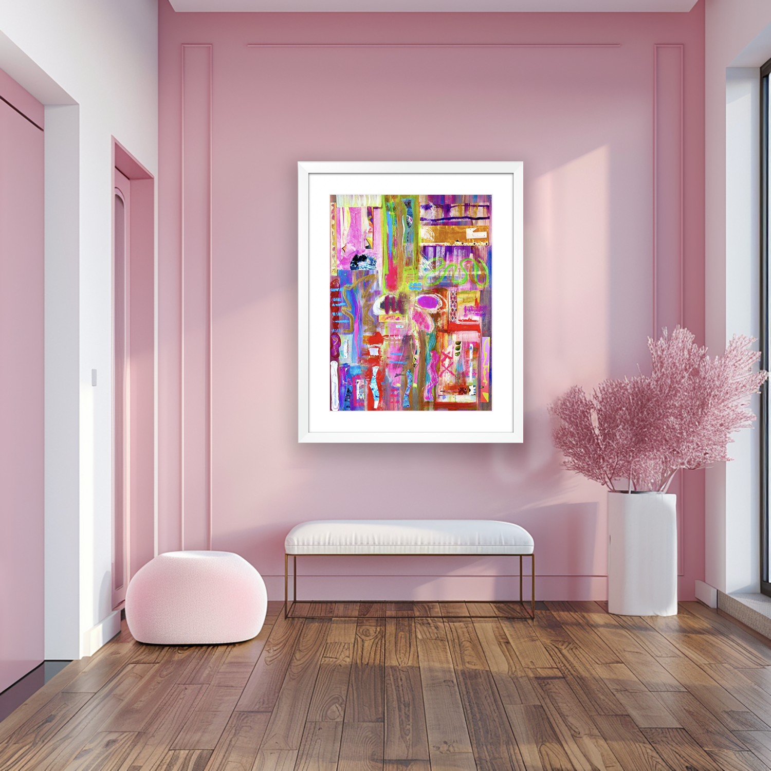 SMASH, mixed media collage in white frame, in pink foyer, by Ceil Diskin
