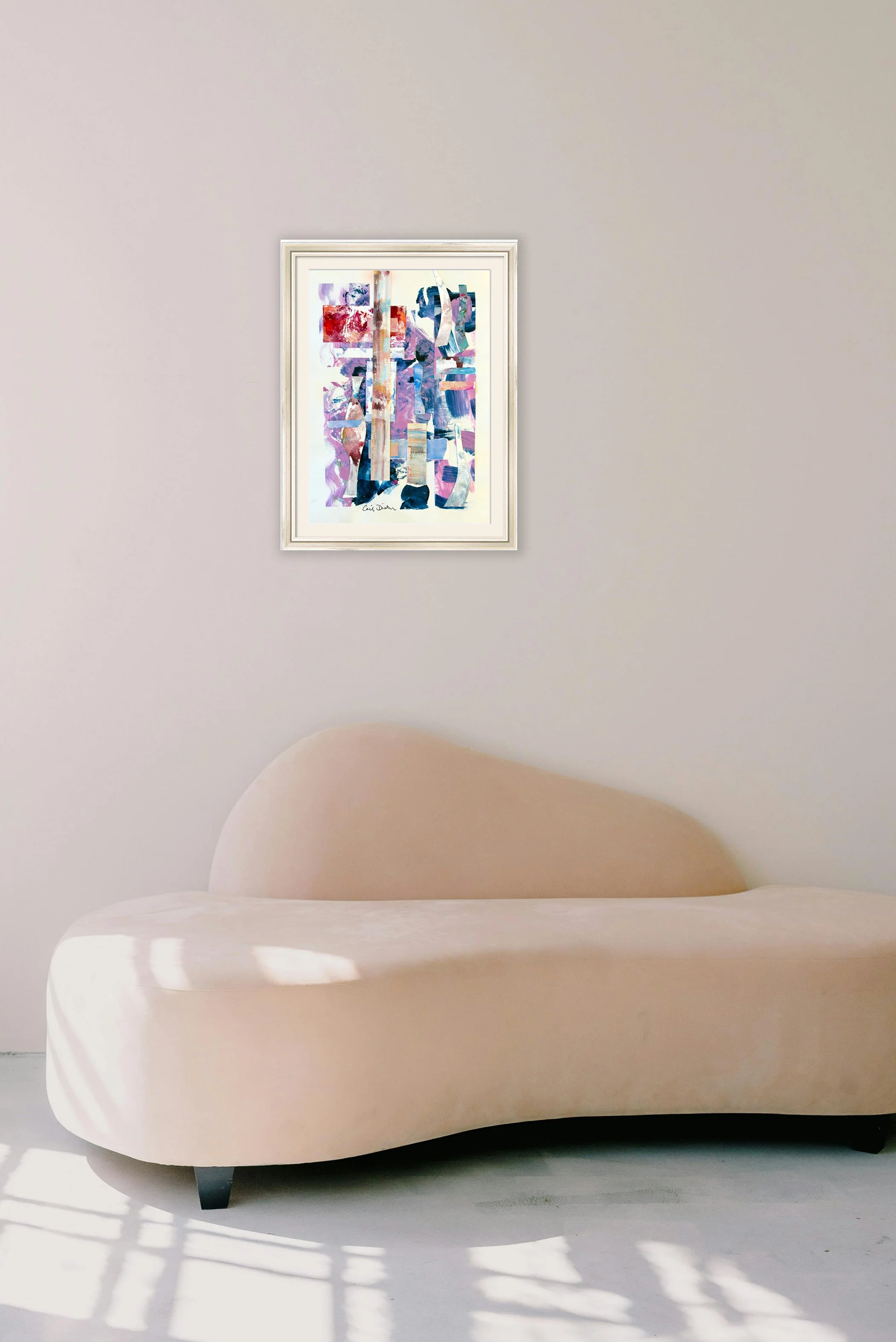 Blue Moon. 10x14 collage print, matted & framed, in scene. Ceil Diskin-2025.