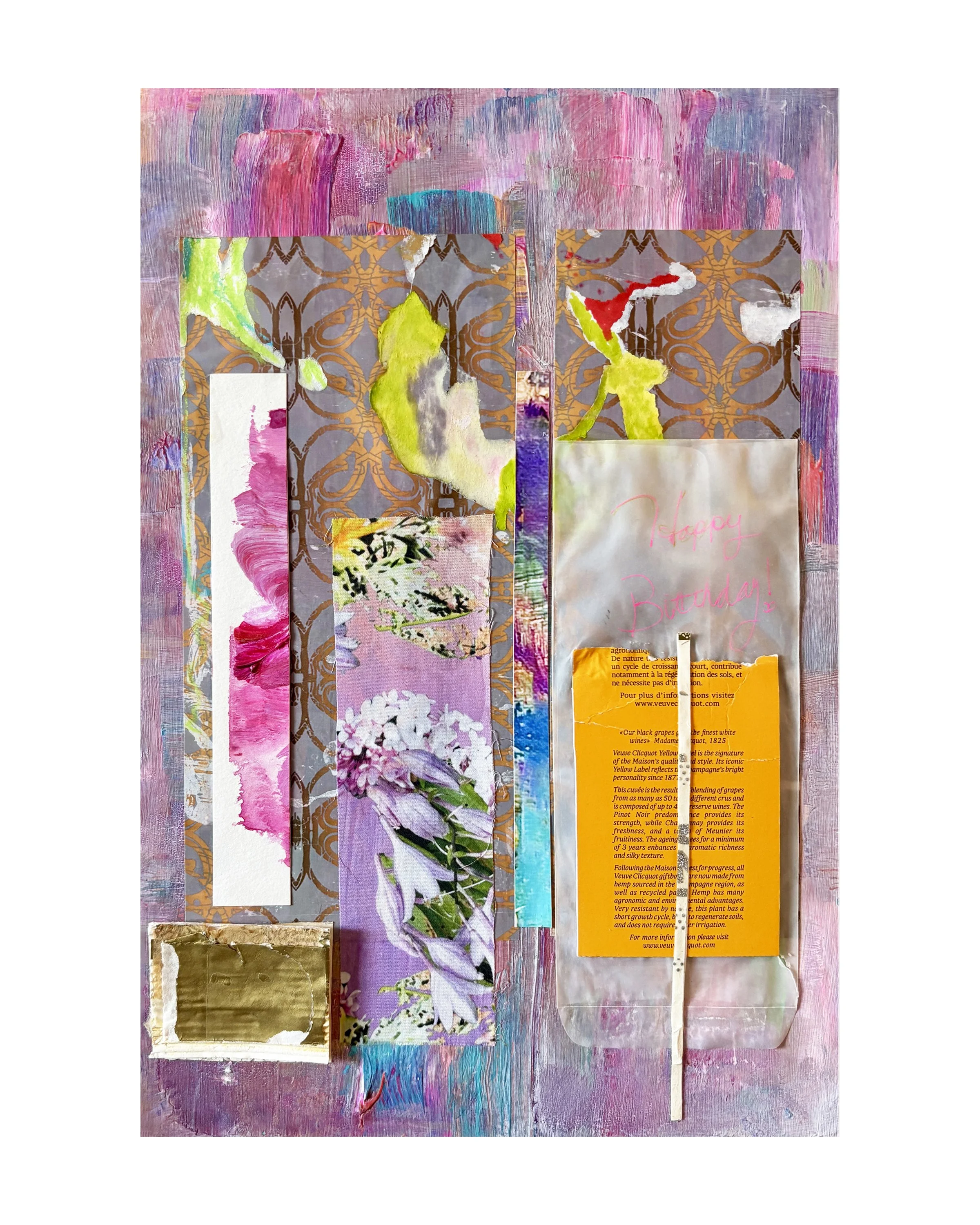 Stolen Birthday 12x18 mixed media collage on metal-Ceil Diskin 2026