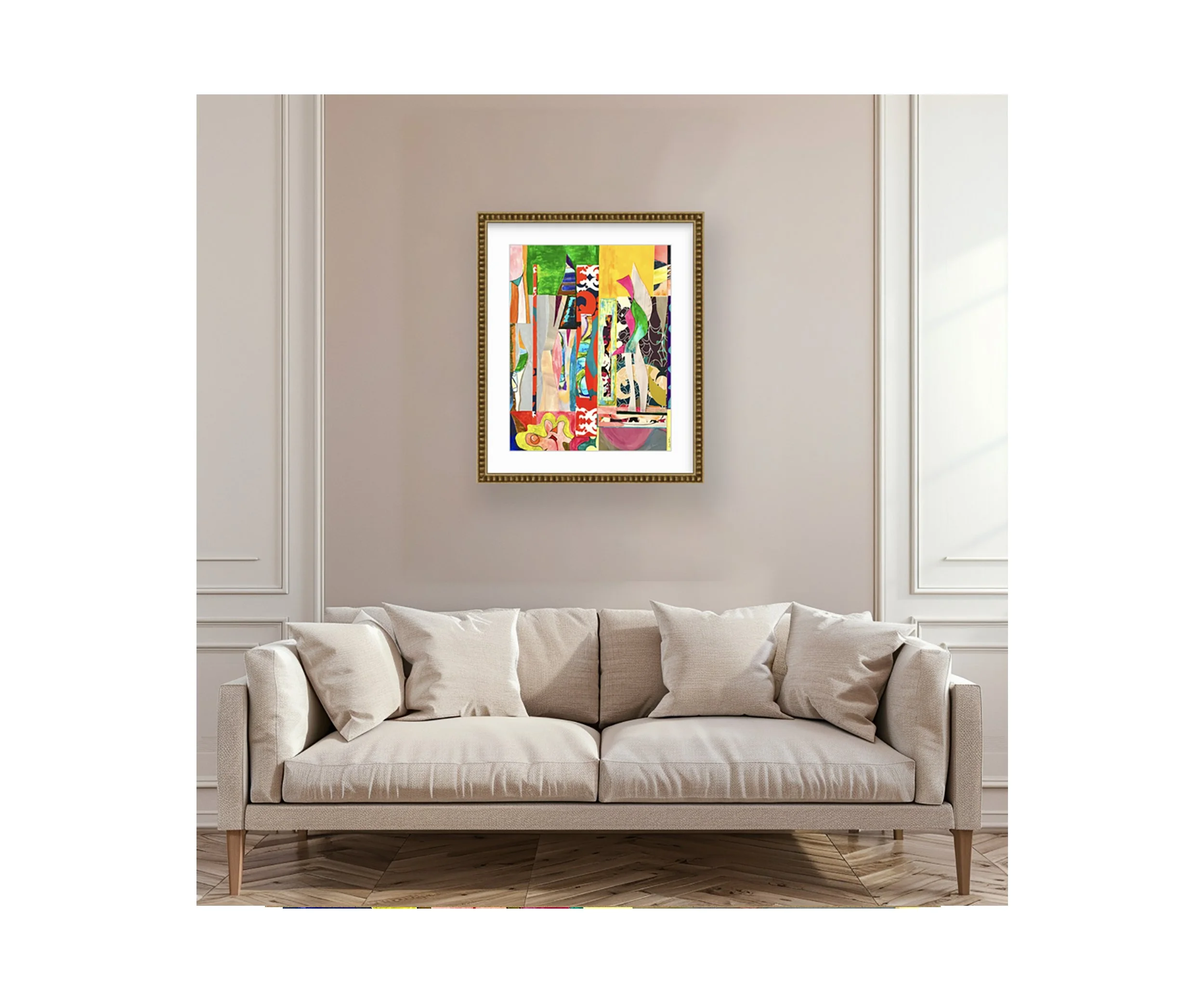 KissMe, over pink sofa, by Ceil Diskin