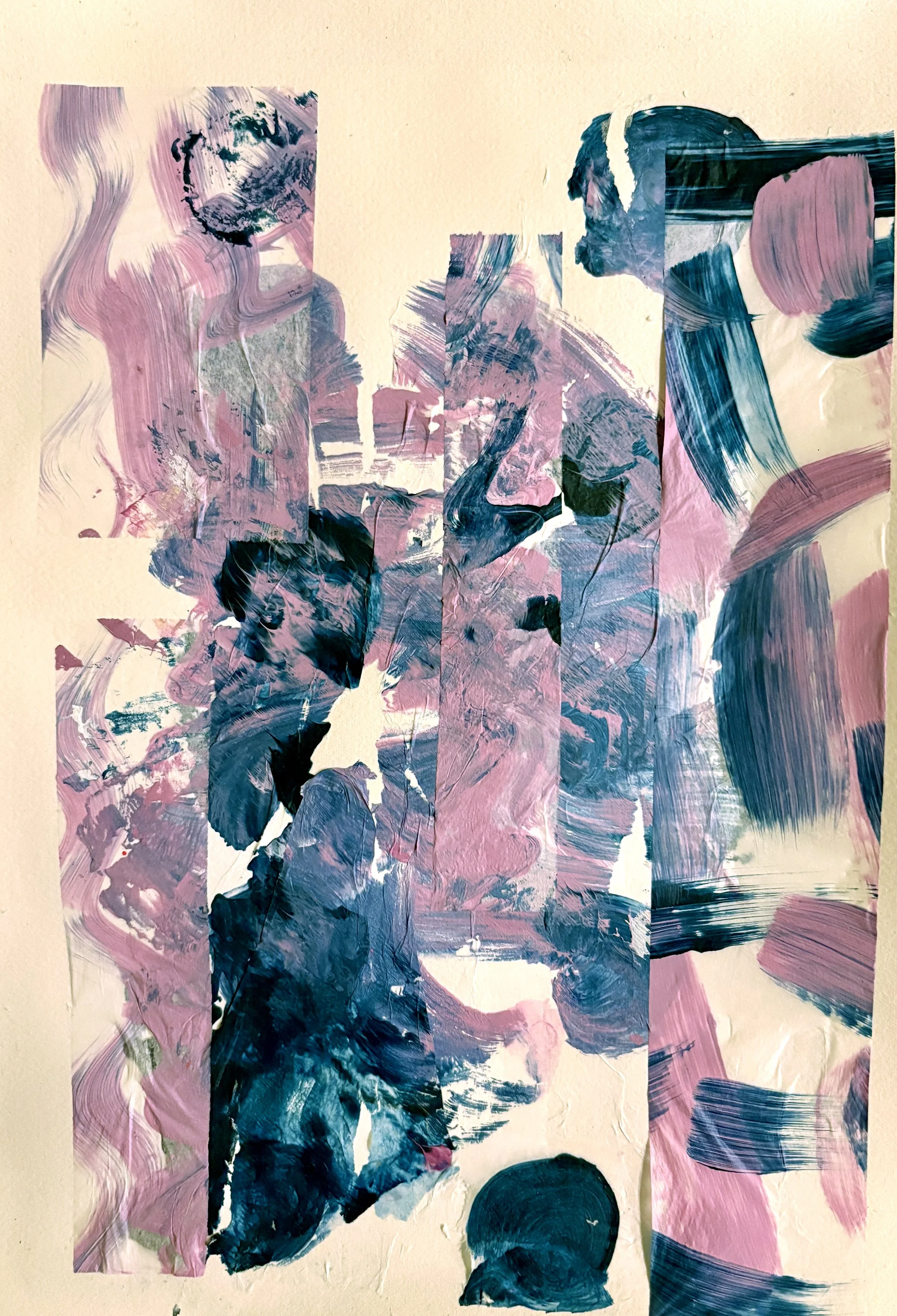 Blue Moon_10x14_mixed media collage on paper-early underpainting, by Ceil Diskin 2025