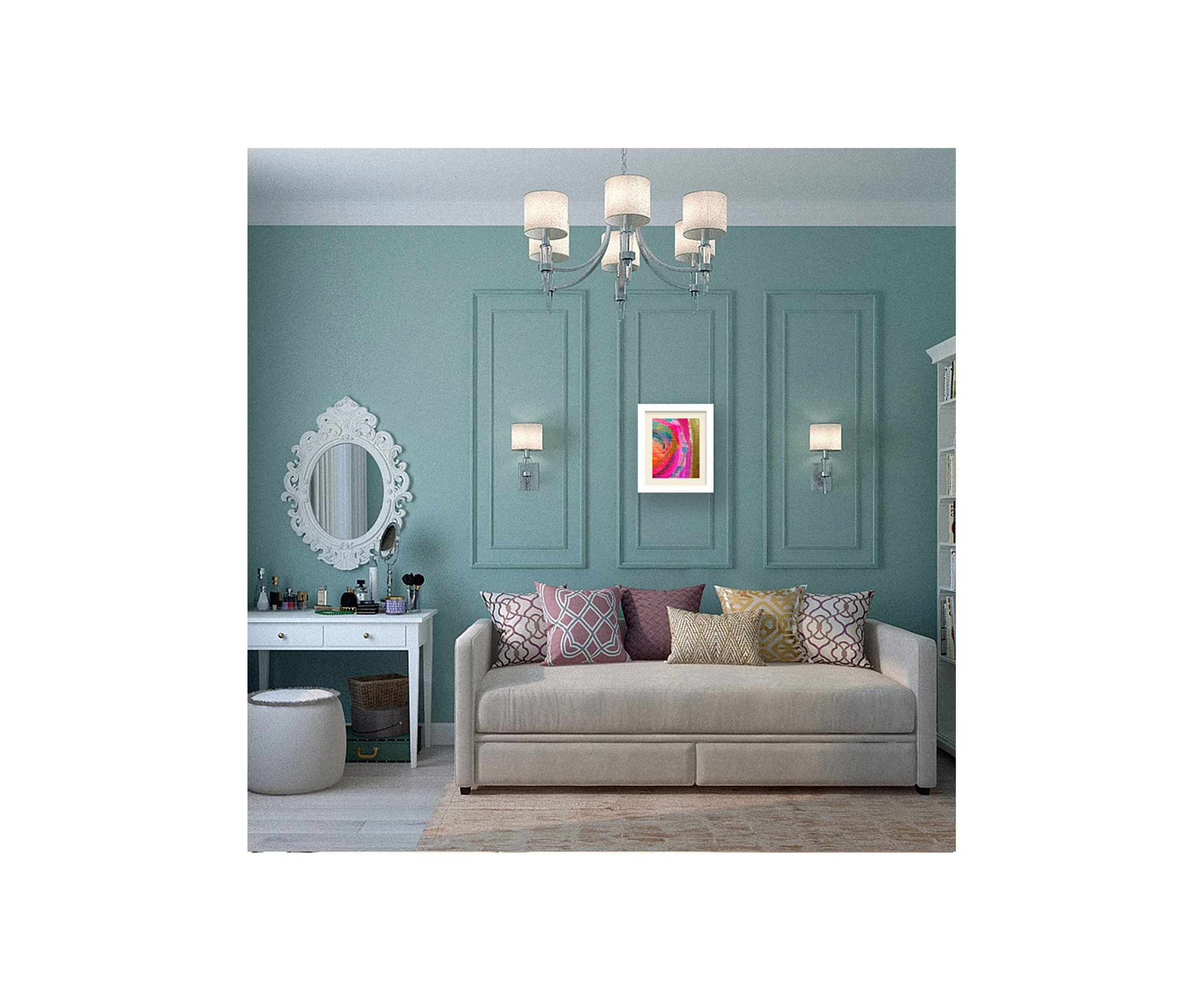 Here We Go, HOT-TO-GO Series, in teal living room, by Ceil Diskin