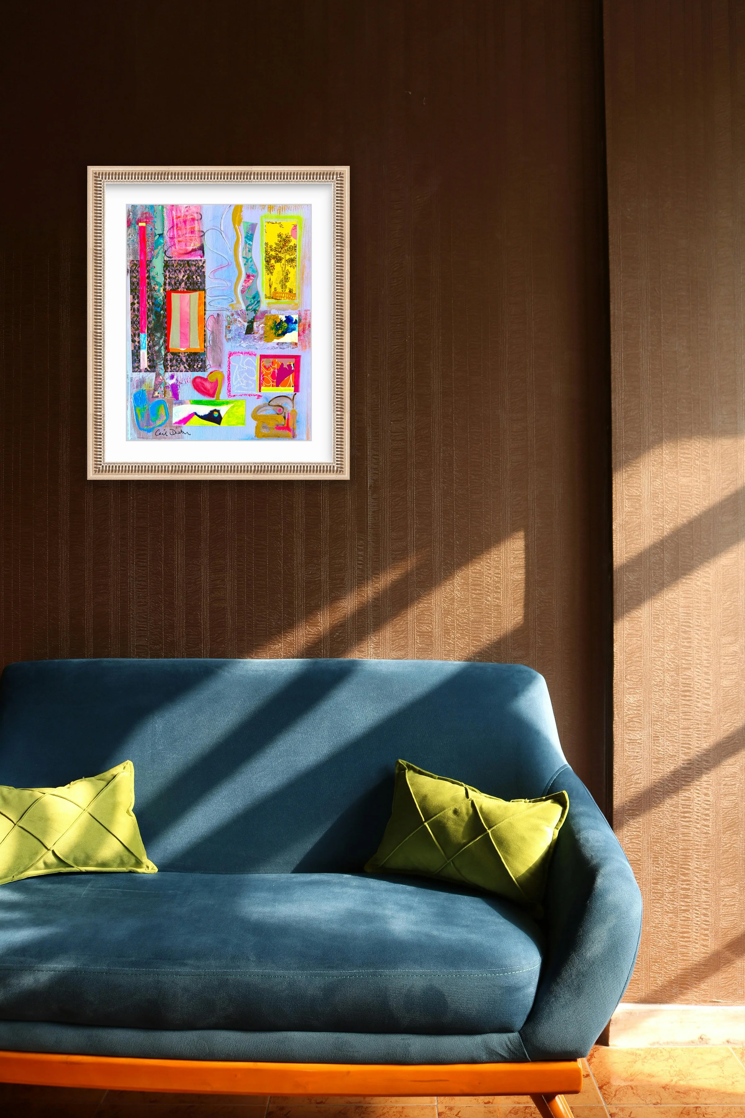 Tuesday Afternoon, framed mixed media collage, by Ceil Diskin over sofa
