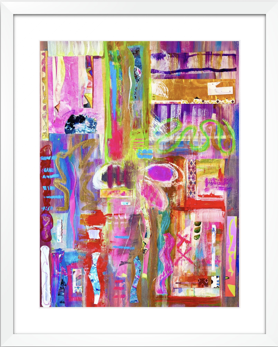 SMASH, mixed media collage in white frame, by Ceil Diskin