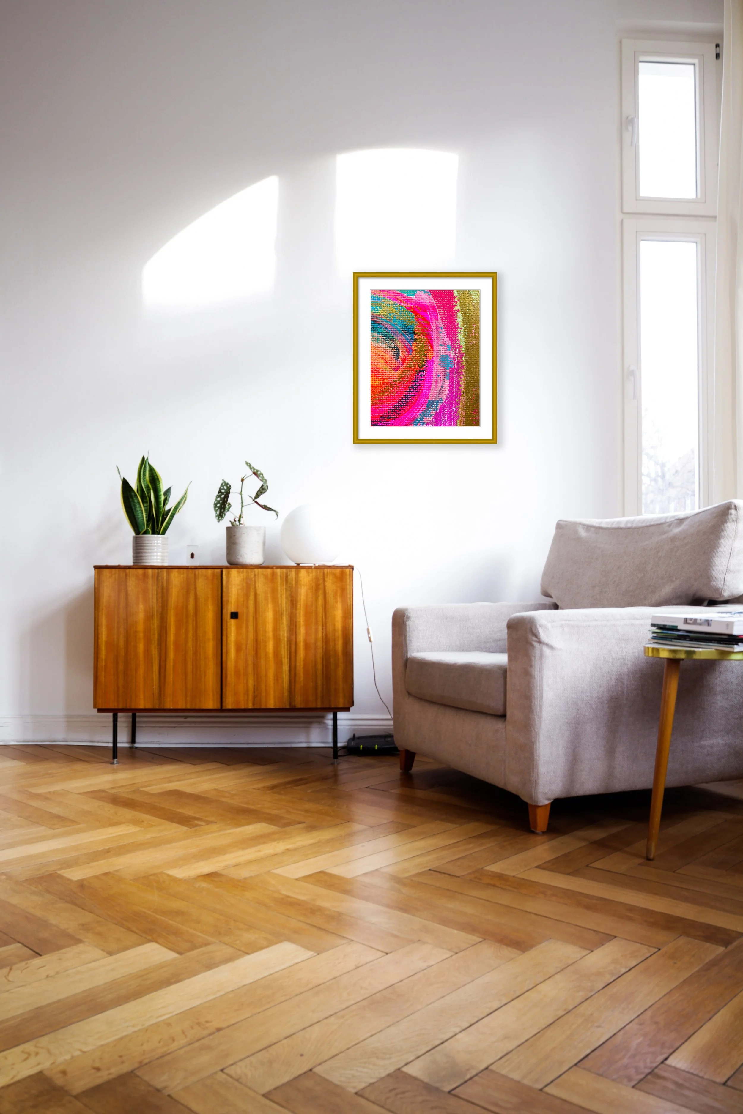 Here We Go 8x10 painting print, matted & framed, in scene. Ceil Diskin-2024.