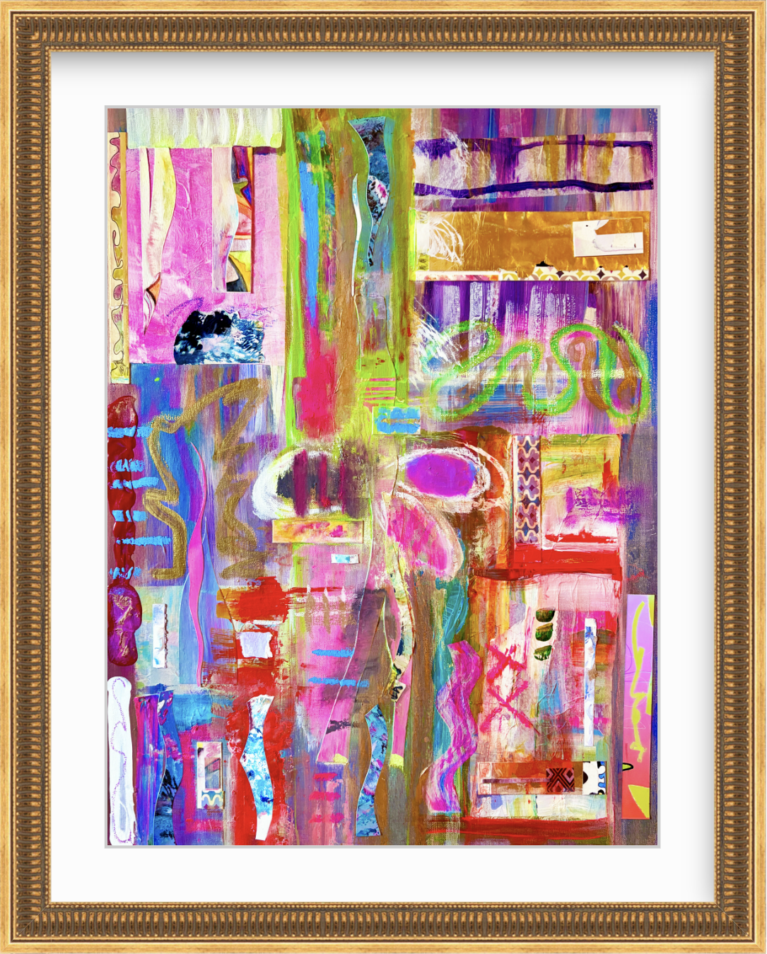 SMASH, mixed media collage in gold bead frame, by Ceil Diskin