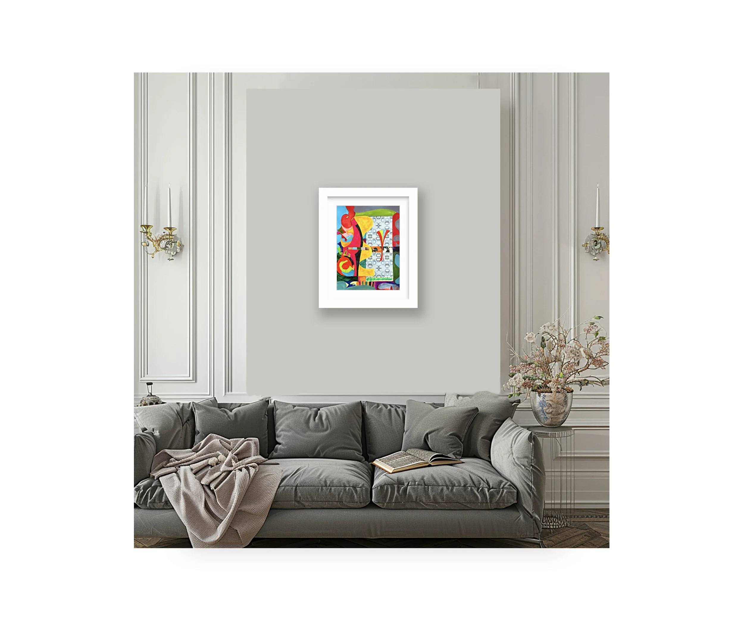 Something With An M, over elegant grey sofa, by Ceil Diskin