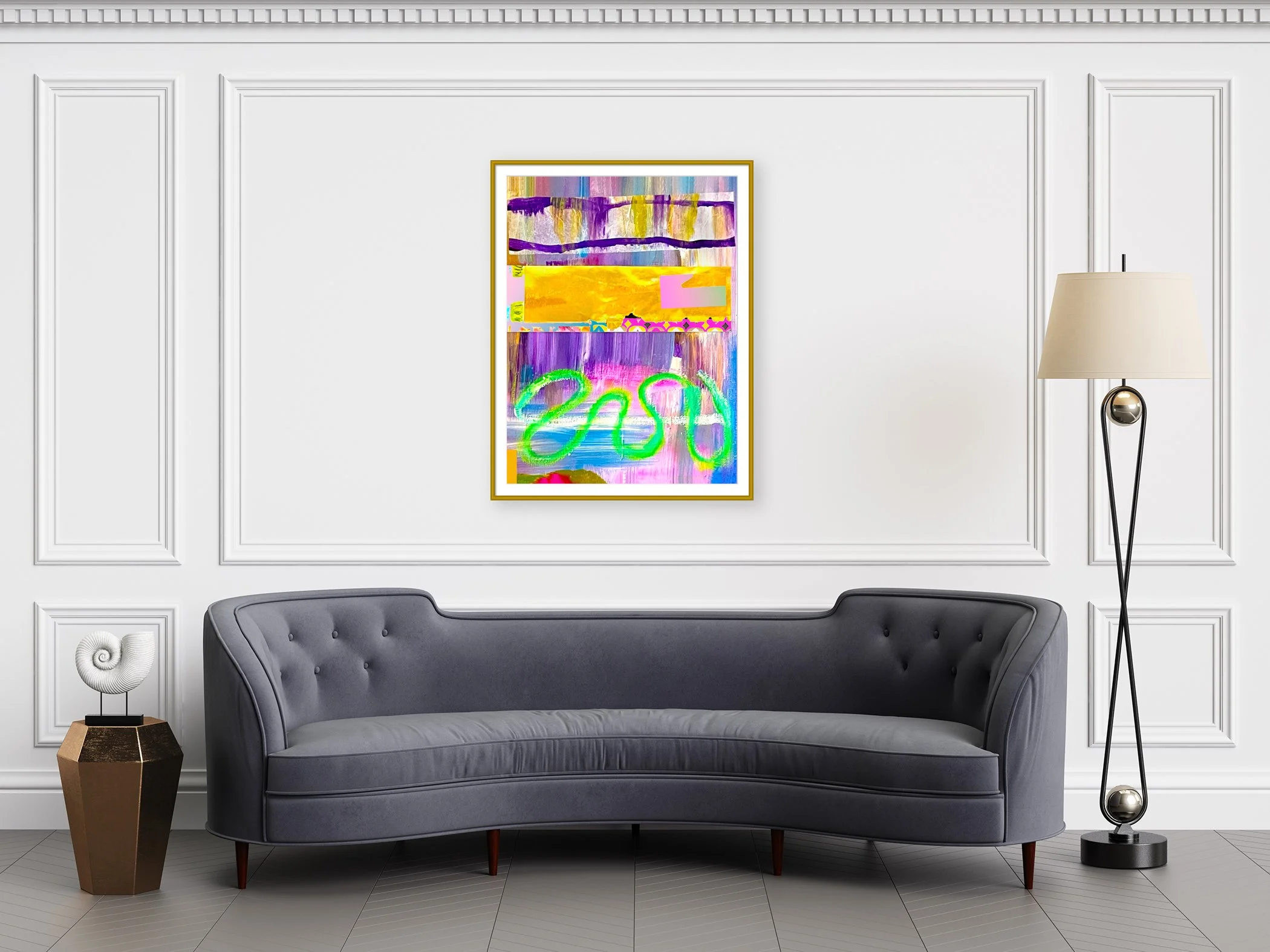 Stash.18”x24” painting print, matted & framed, in scene. Ceil Diskin, 2025.