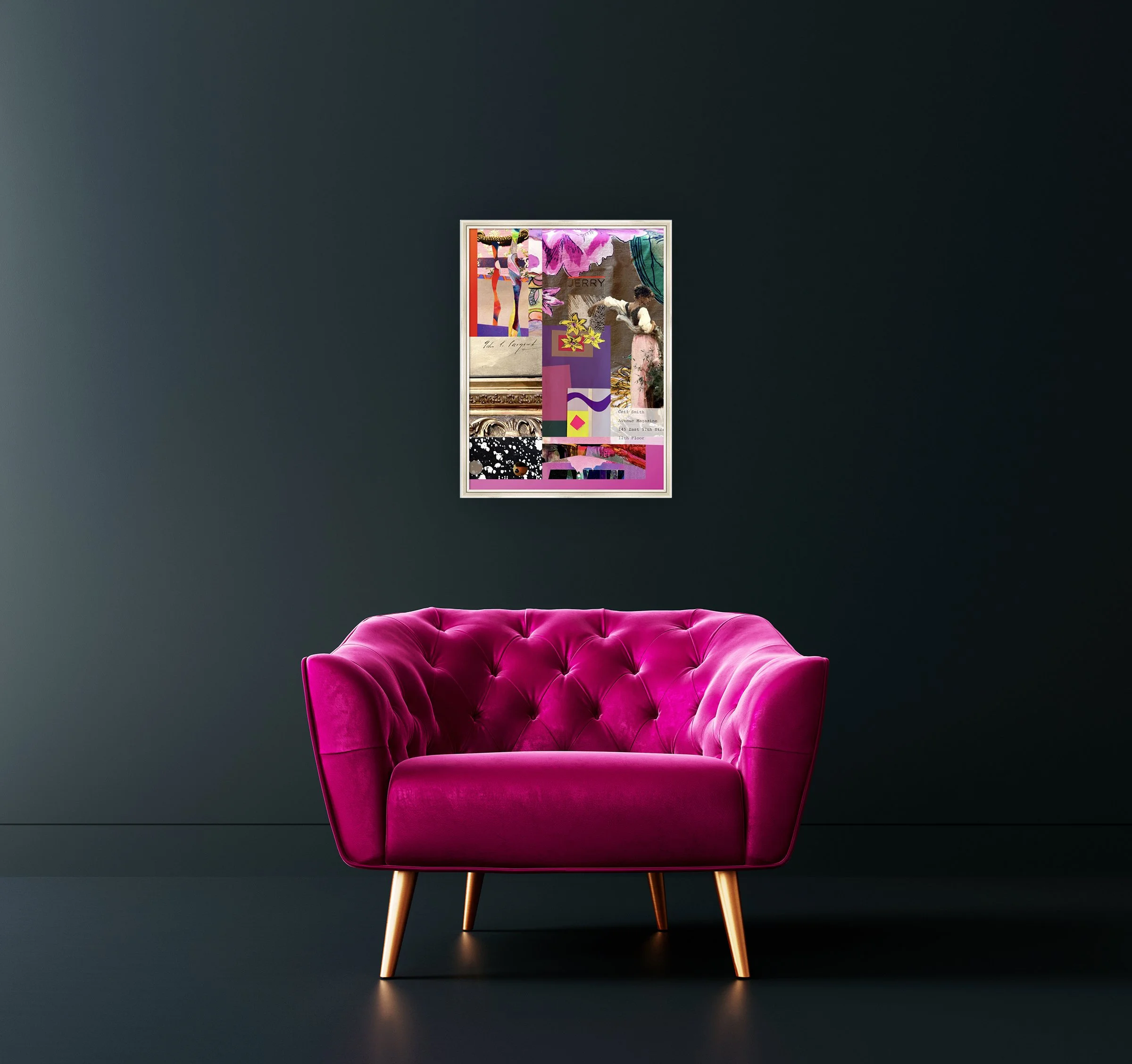 John-Jerry-Ceil. 18’x24” digital collage print matted & framed, in scene. Ceil Diskin, 2026.