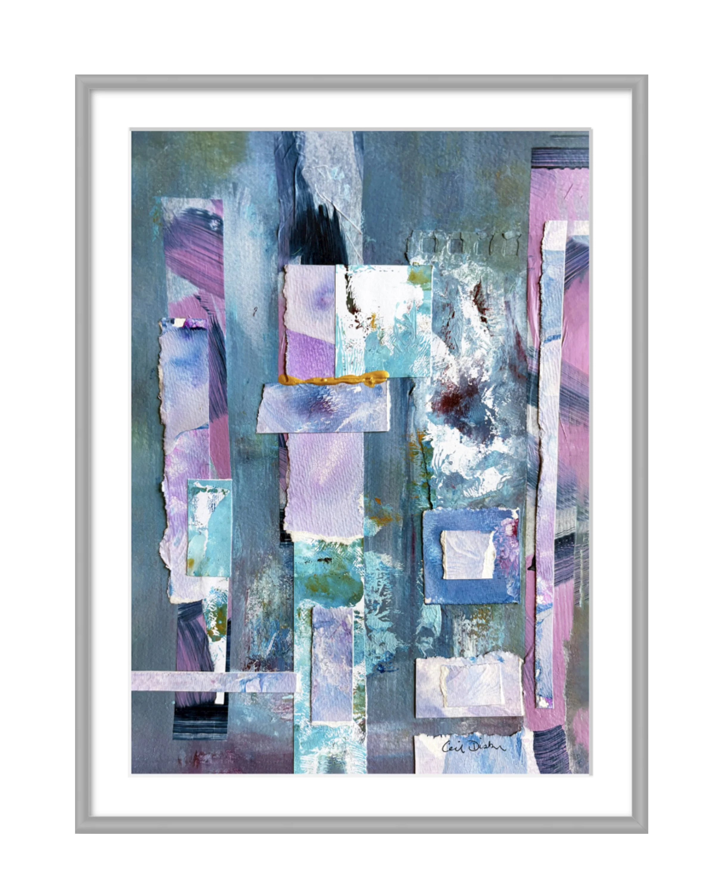 Golden Stretch of a Day. 10x14 collage print, matted & framed. Ceil Diskin-2025.