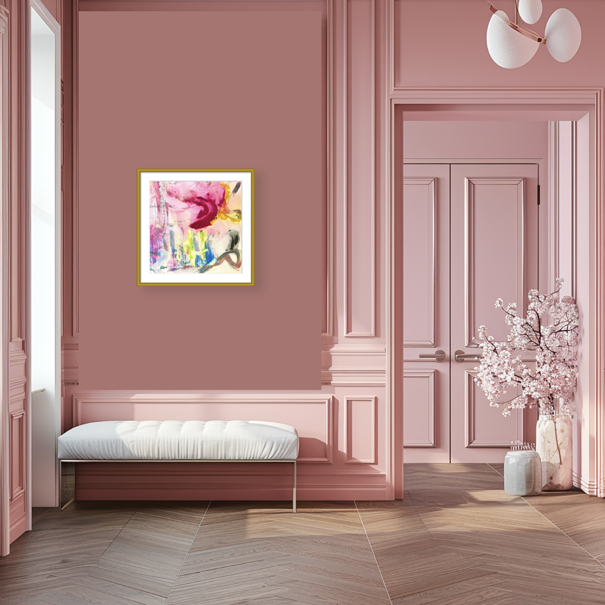 Hooked. 9x9 painting print, matted & framed, in scene. Ceil Diskin-2018.