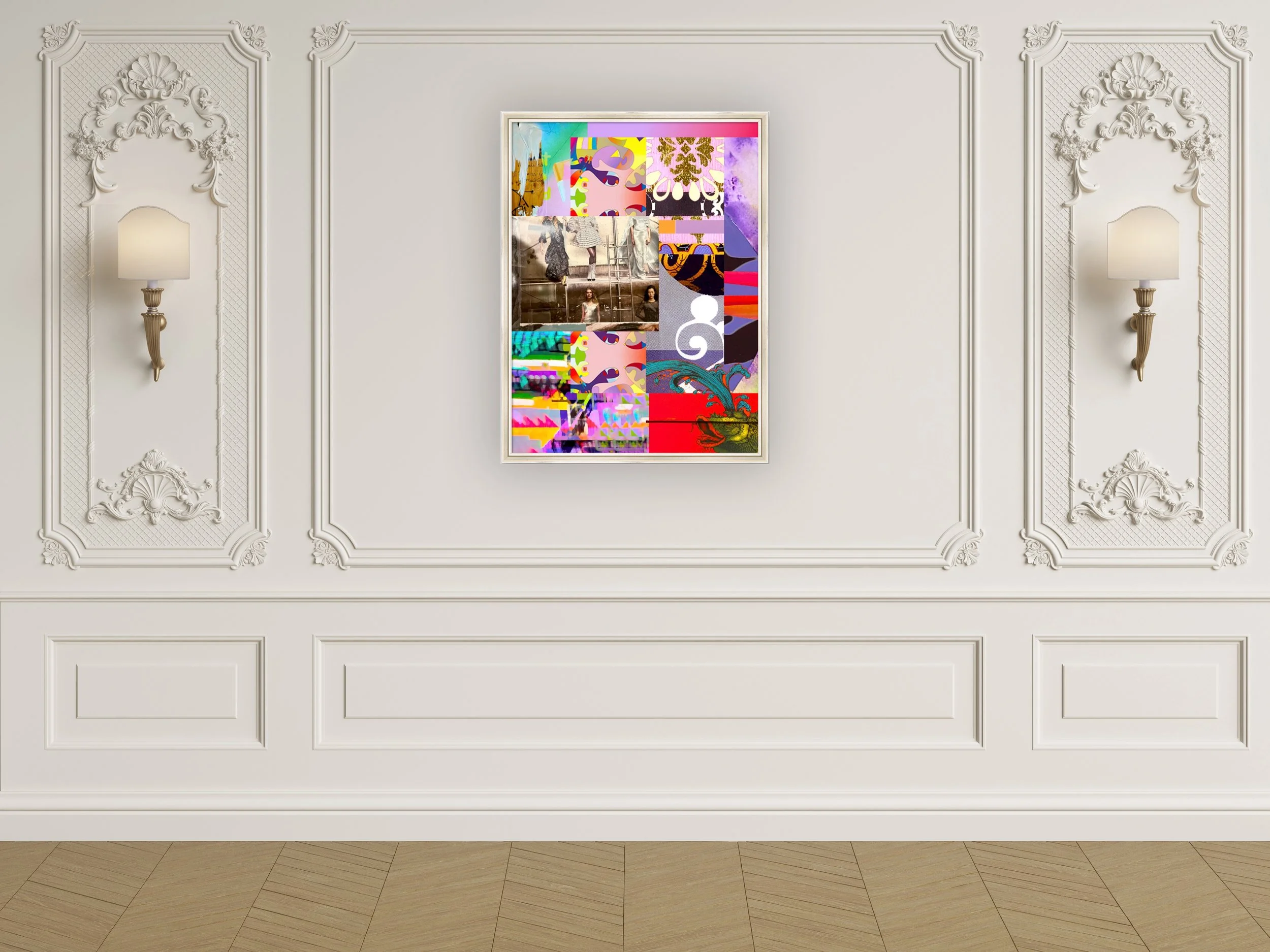 Through a Dark Hallway. 18’x24” digital collage print matted & framed, in scene. Ceil Diskin, 2026.
