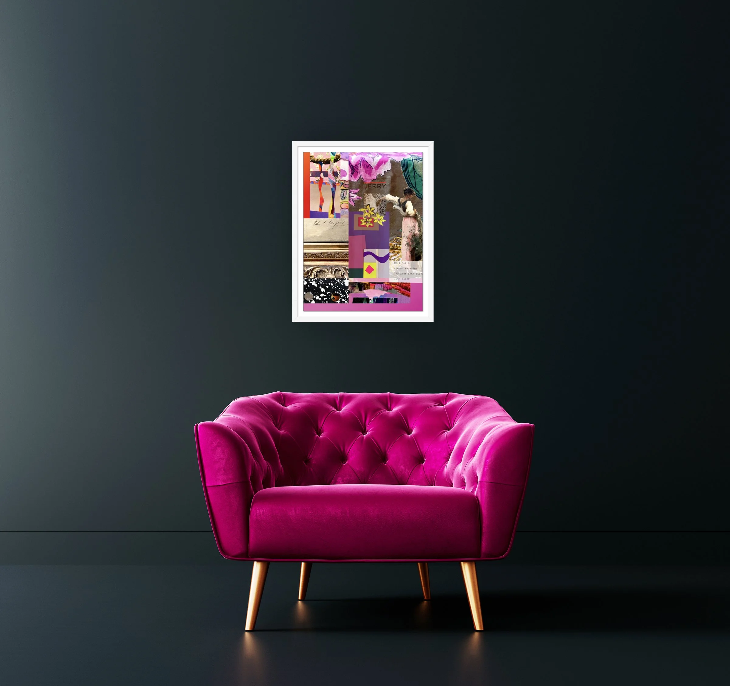 John-Jerry-Ceil. 18’x24” digital collage print matted & framed, in scene. Ceil Diskin, 2026.