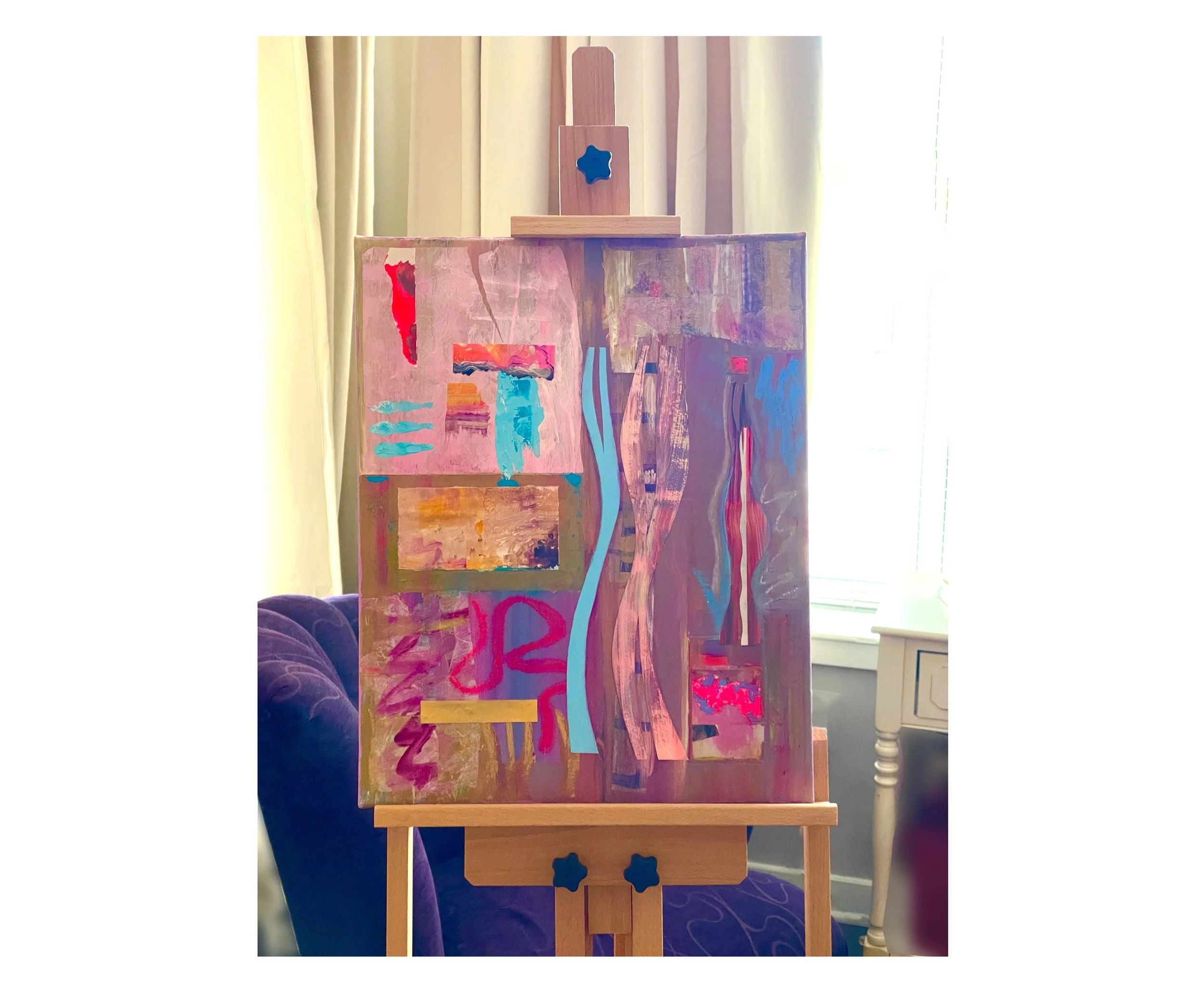 Miracle Road, mixed media collage, on easel, by Ceil Diskin