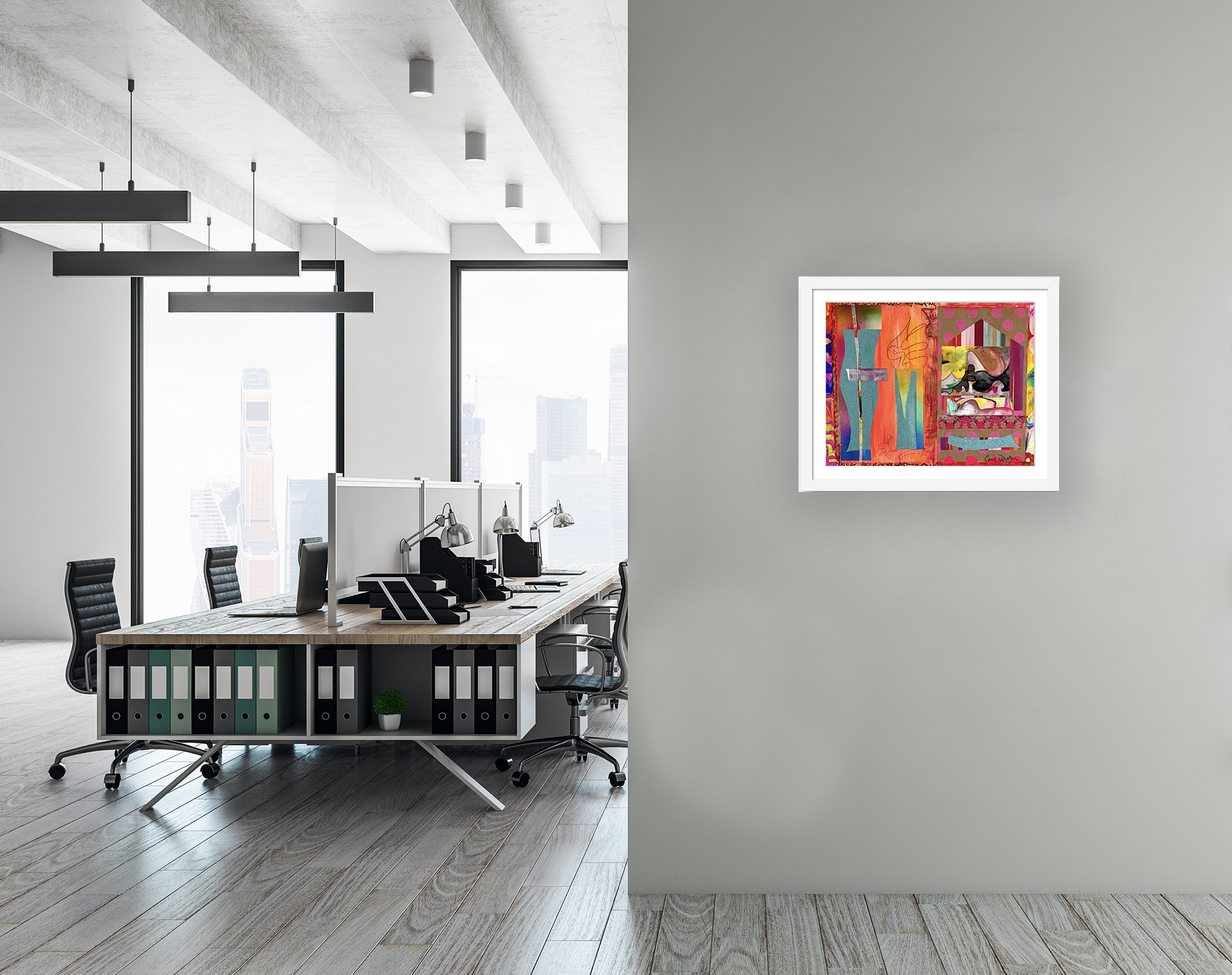 Summertime Birthday. 14x11 collage print, matted & framed, in scene. Ceil Diskin-2025.