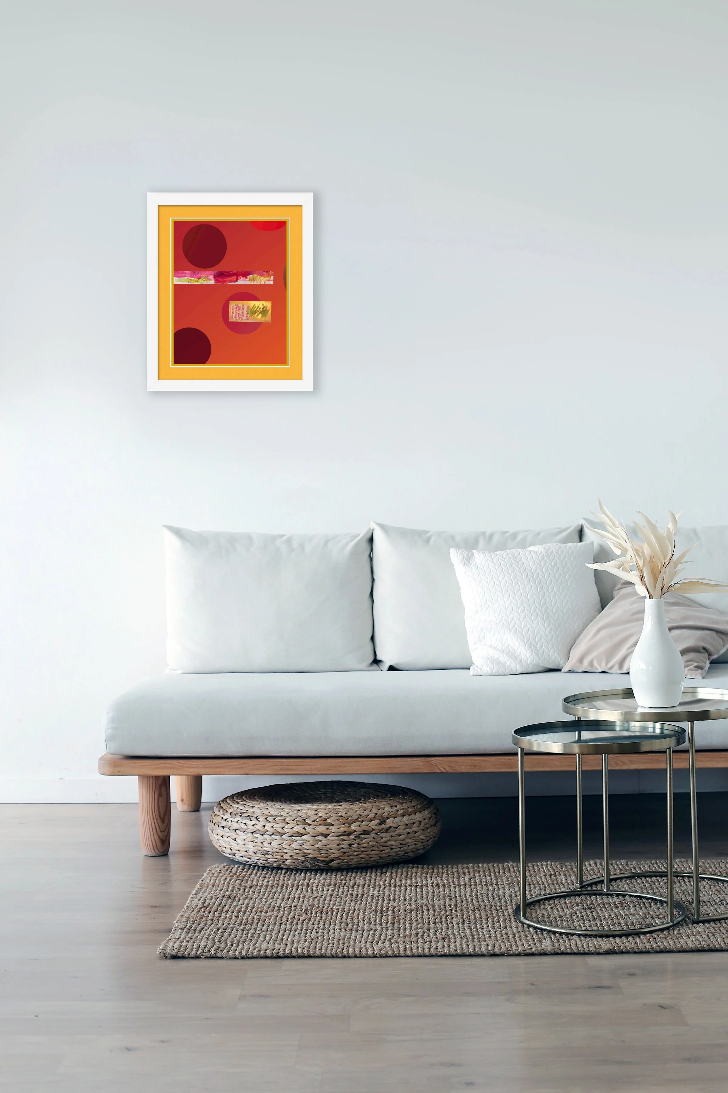3 Dots.16”x20” digital art print matted & framed, in scene. Ceil Diskin, 2026.