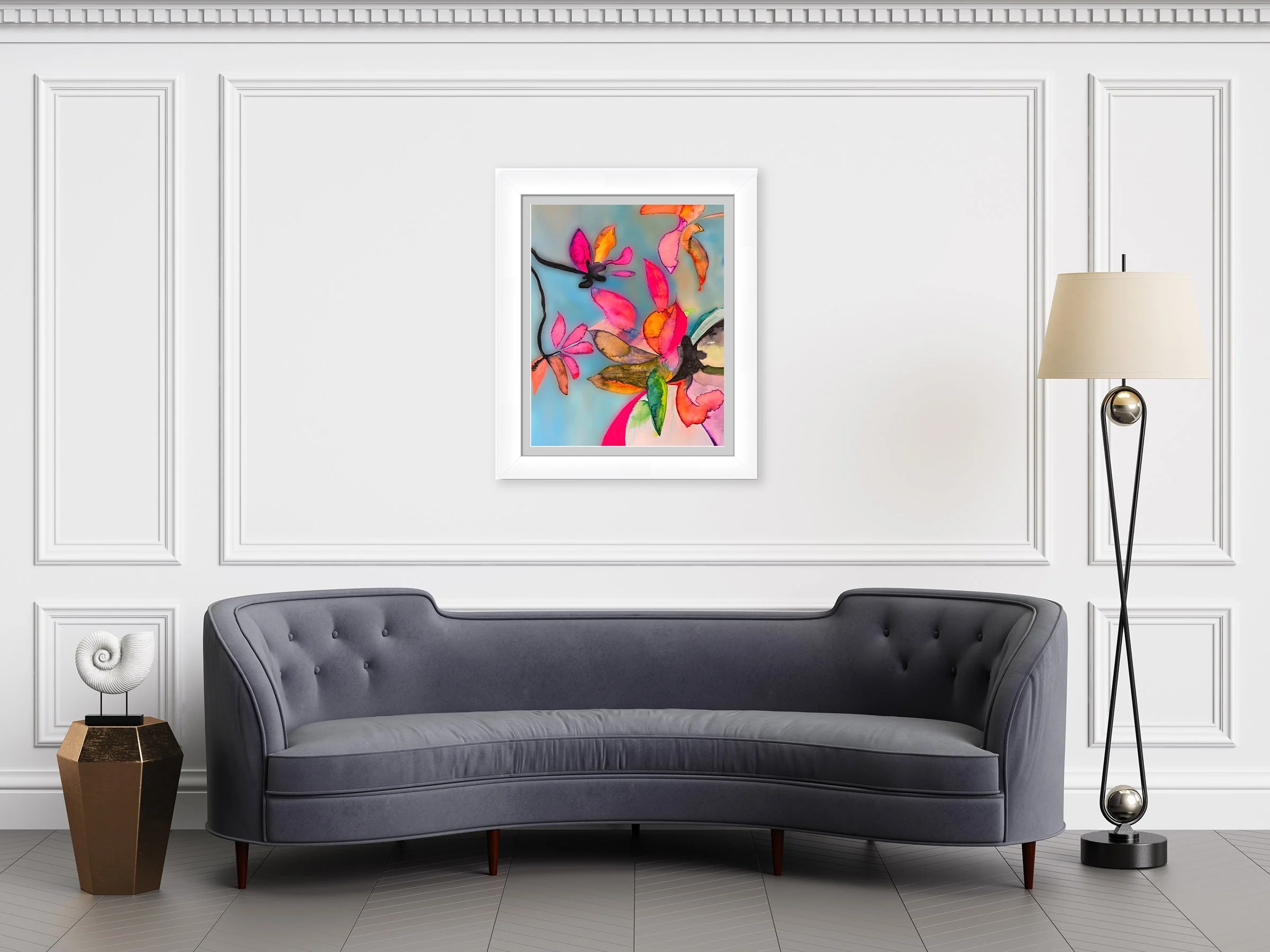 Flowering Tree. 16”x20” digital print, matted & framed, in scene. Ceil Diskin, 2020.