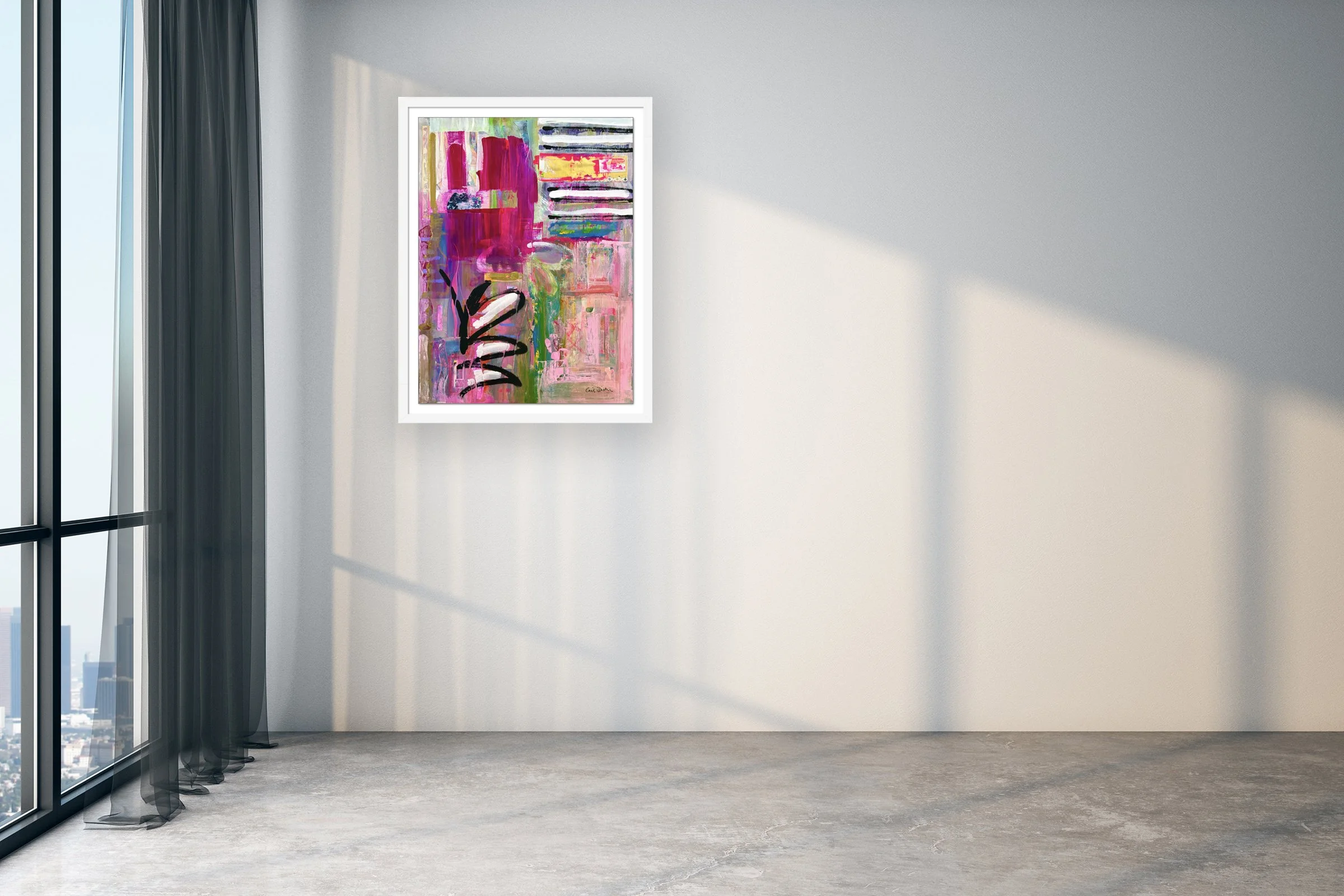 SMASH. 18x24 collage print, matted & framed, in scene. Ceil Diskin-2025.