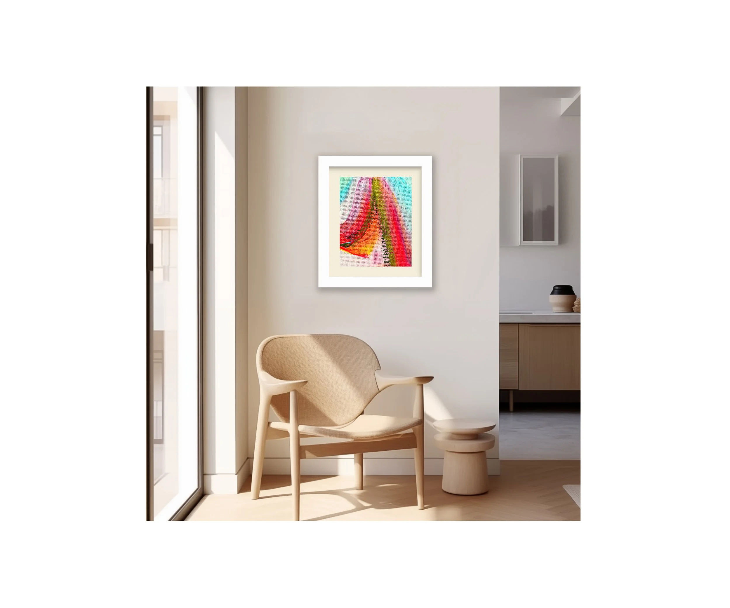 Tell Me A Story, HOT-TO-GO Series, over beige chair, by Ceil Diskin