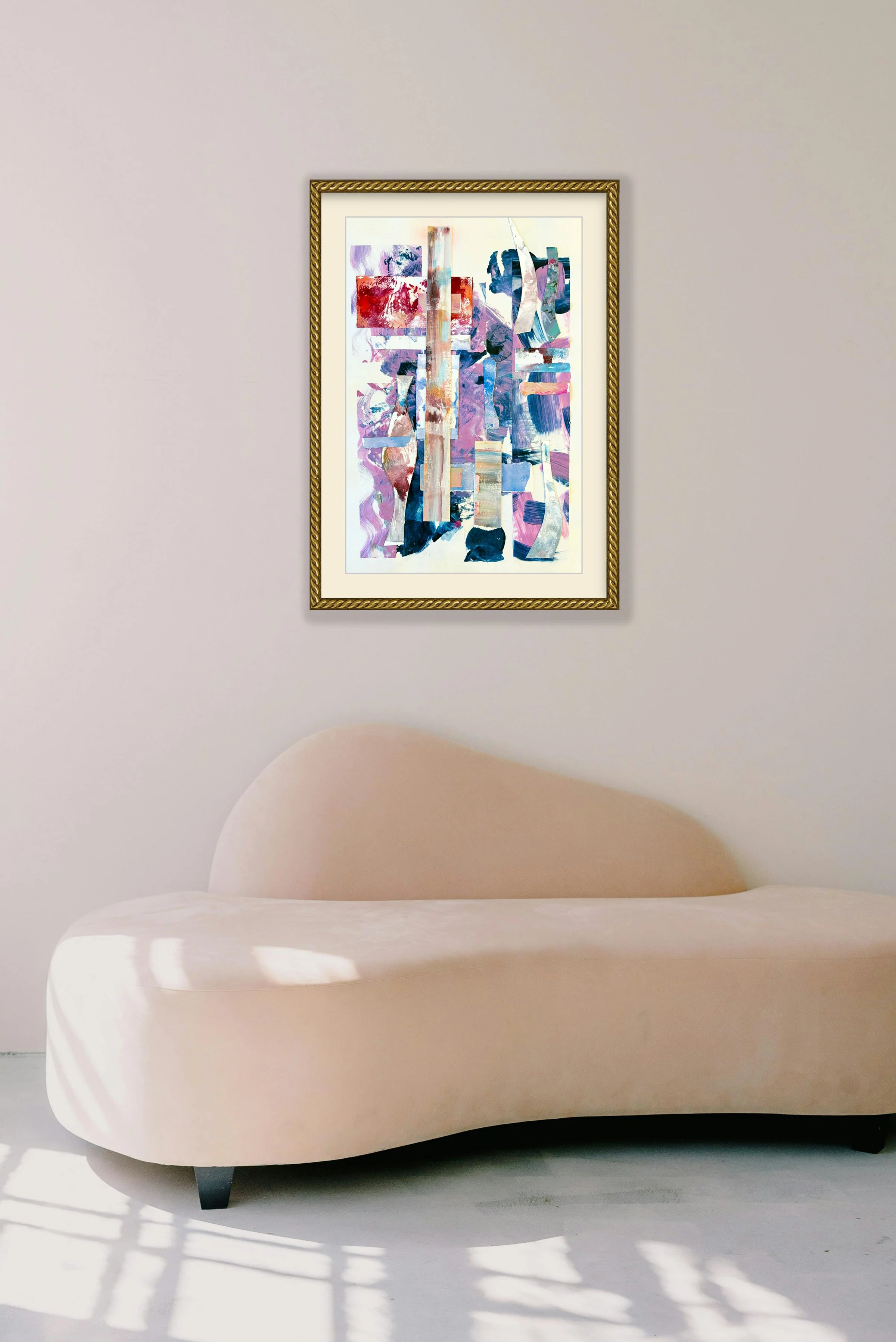 Blue Moon 12x18 collage print gold rope frame off white mat, by Ceil Diskin 2025