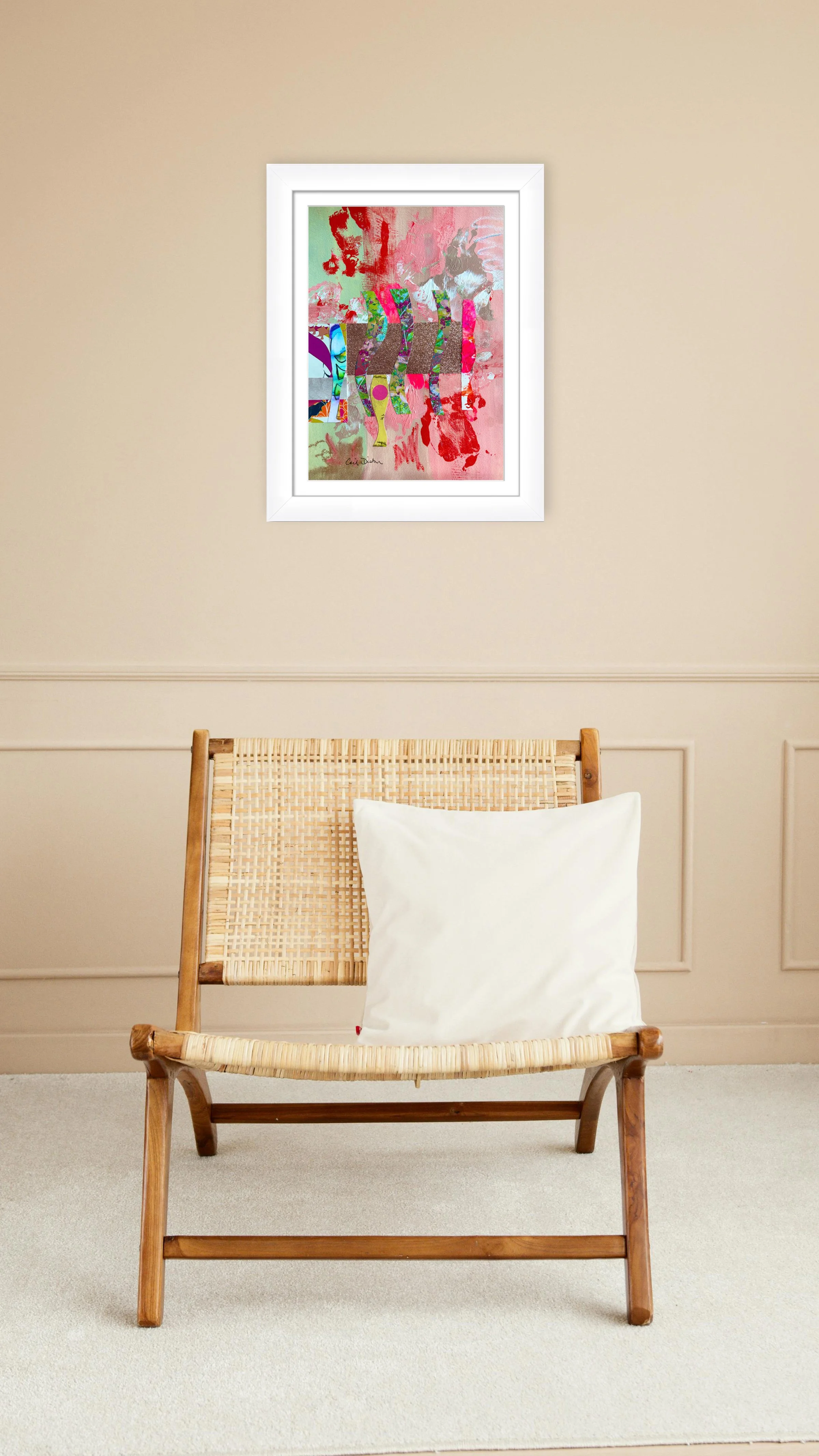 Joy, Sometimes. 10x14 collage print, matted & framed, in scene. Ceil Diskin-2025.