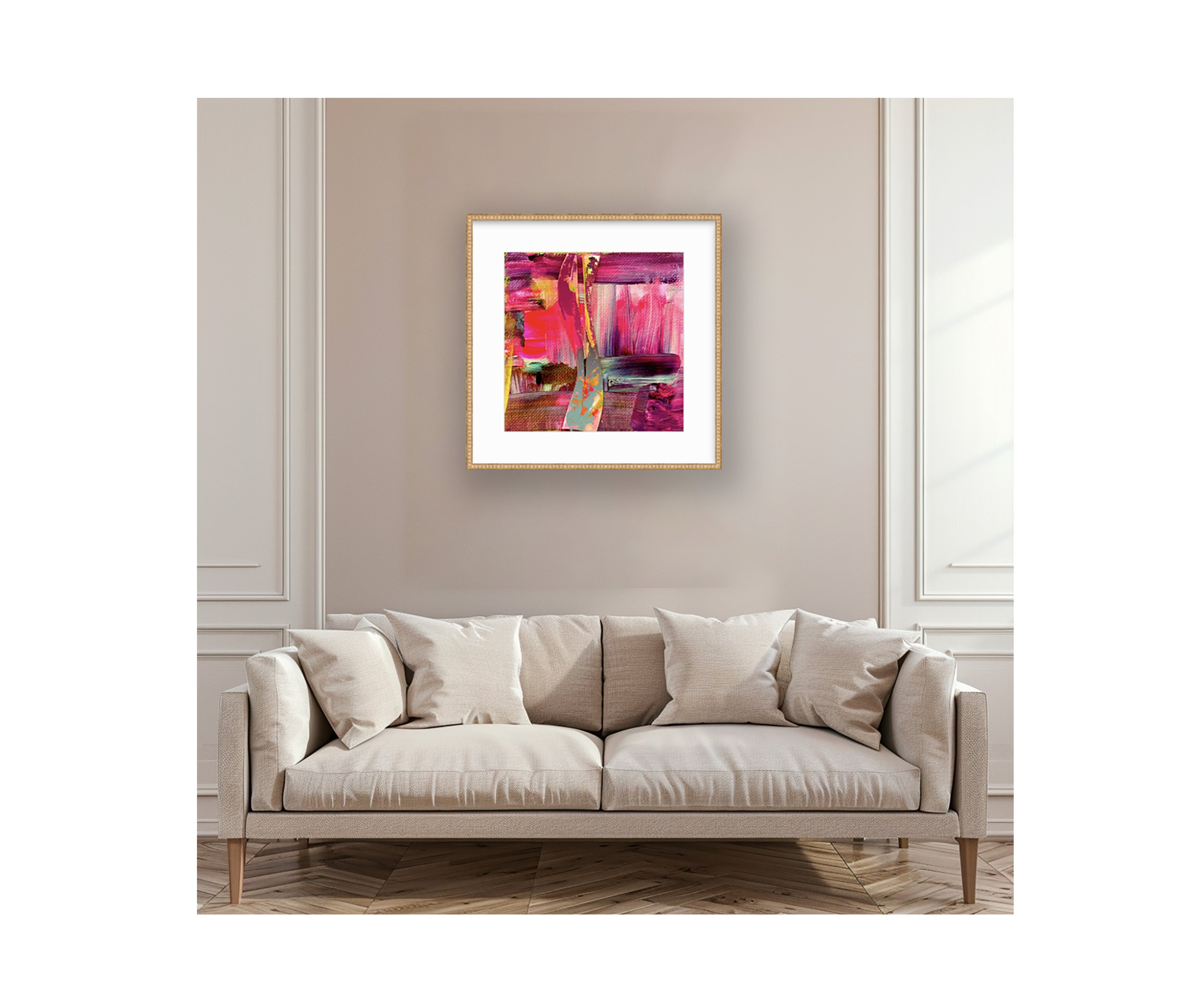 Always-I Feel Love Series, gold frame over pink sofa, by Ceil Diskin