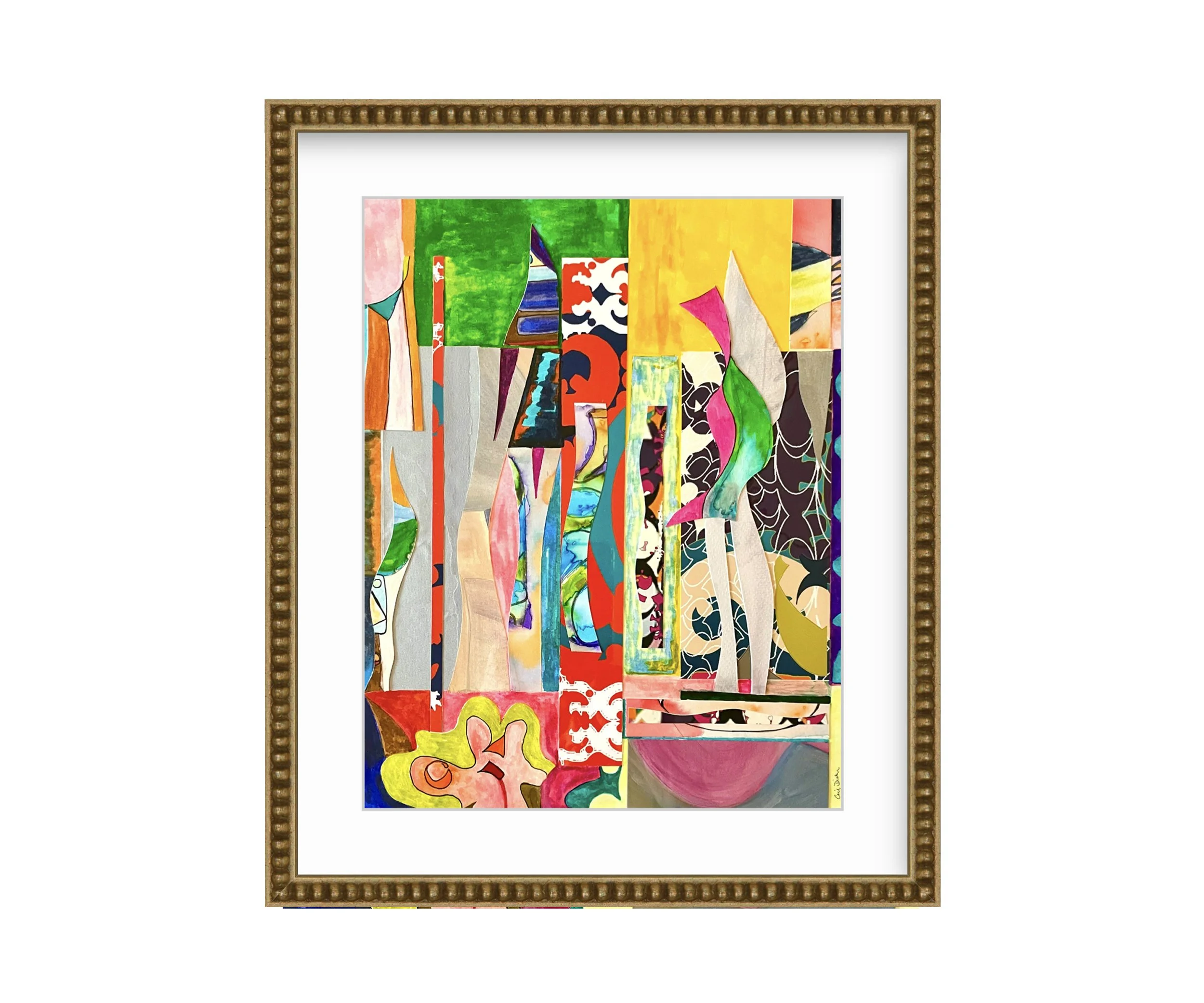 KissMe, gold bead frame, by Ceil Diskin