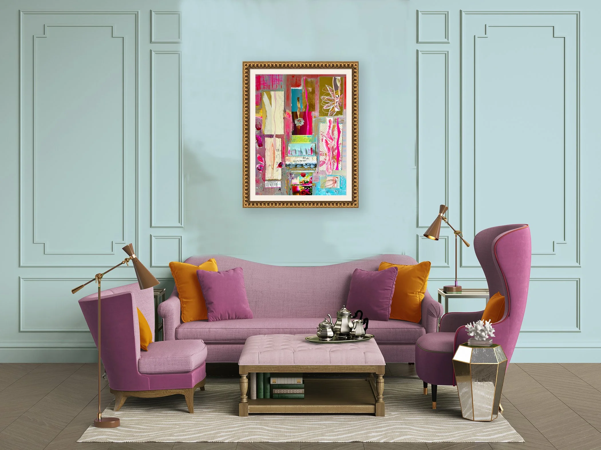 Mimi & Coco 4Ever. 15x20 collage print, matted & framed, in scene. Ceil Diskin-2025.