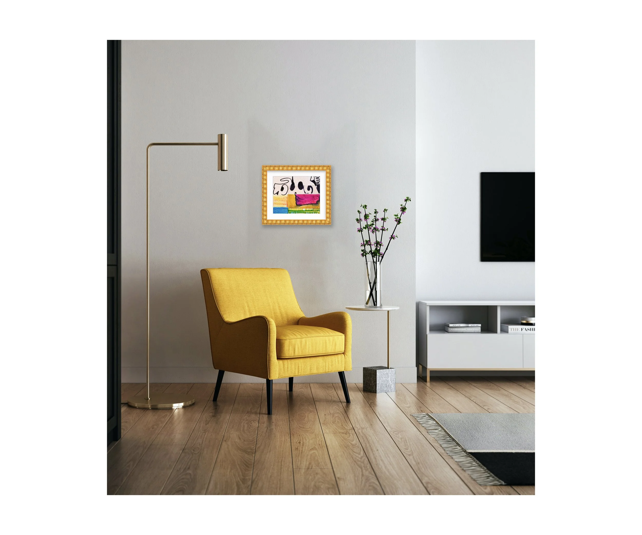 Chanson, over yellow chair, by Ceil Diskin